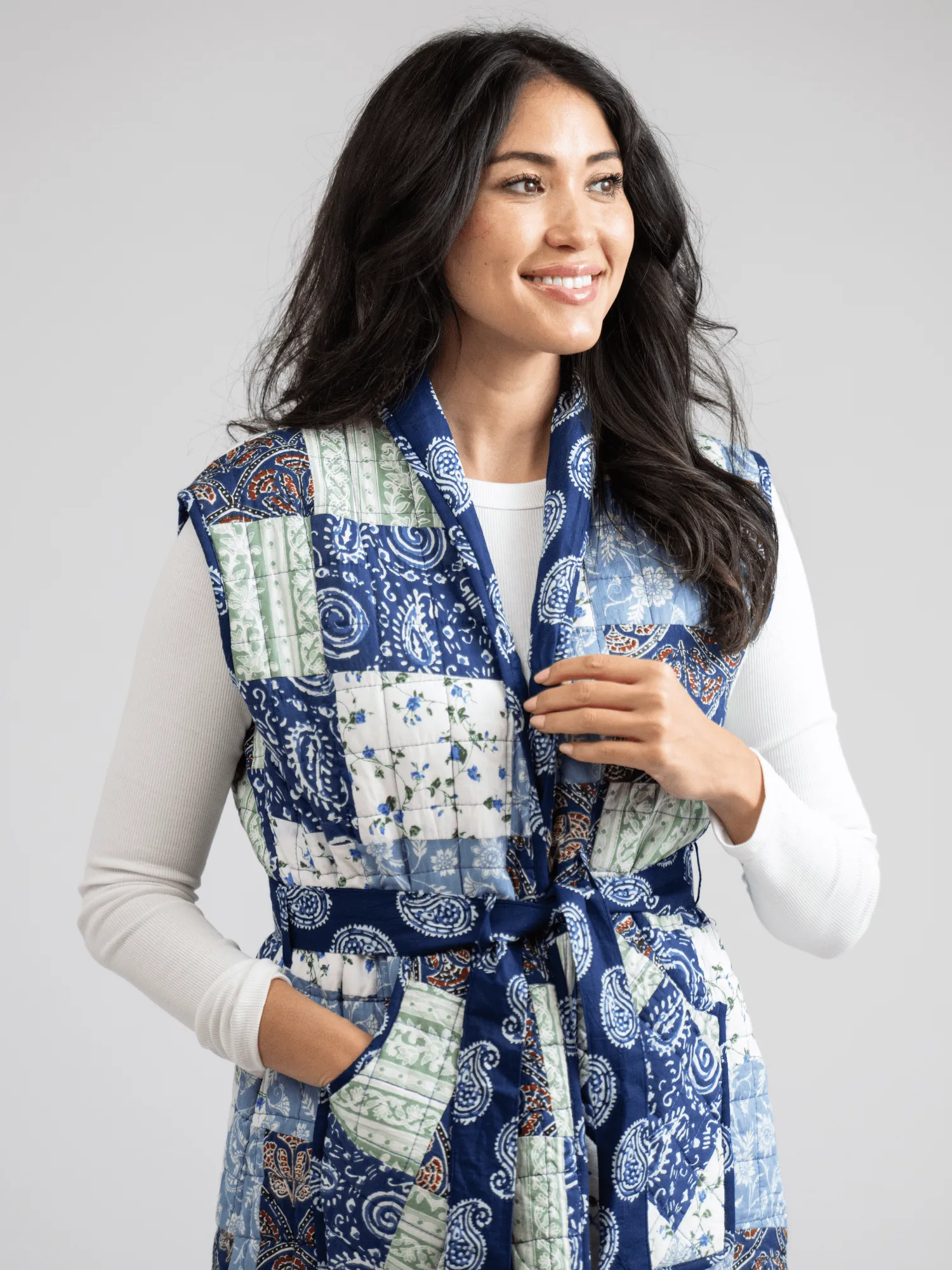 Quilted Long Vest in Large Blue Square