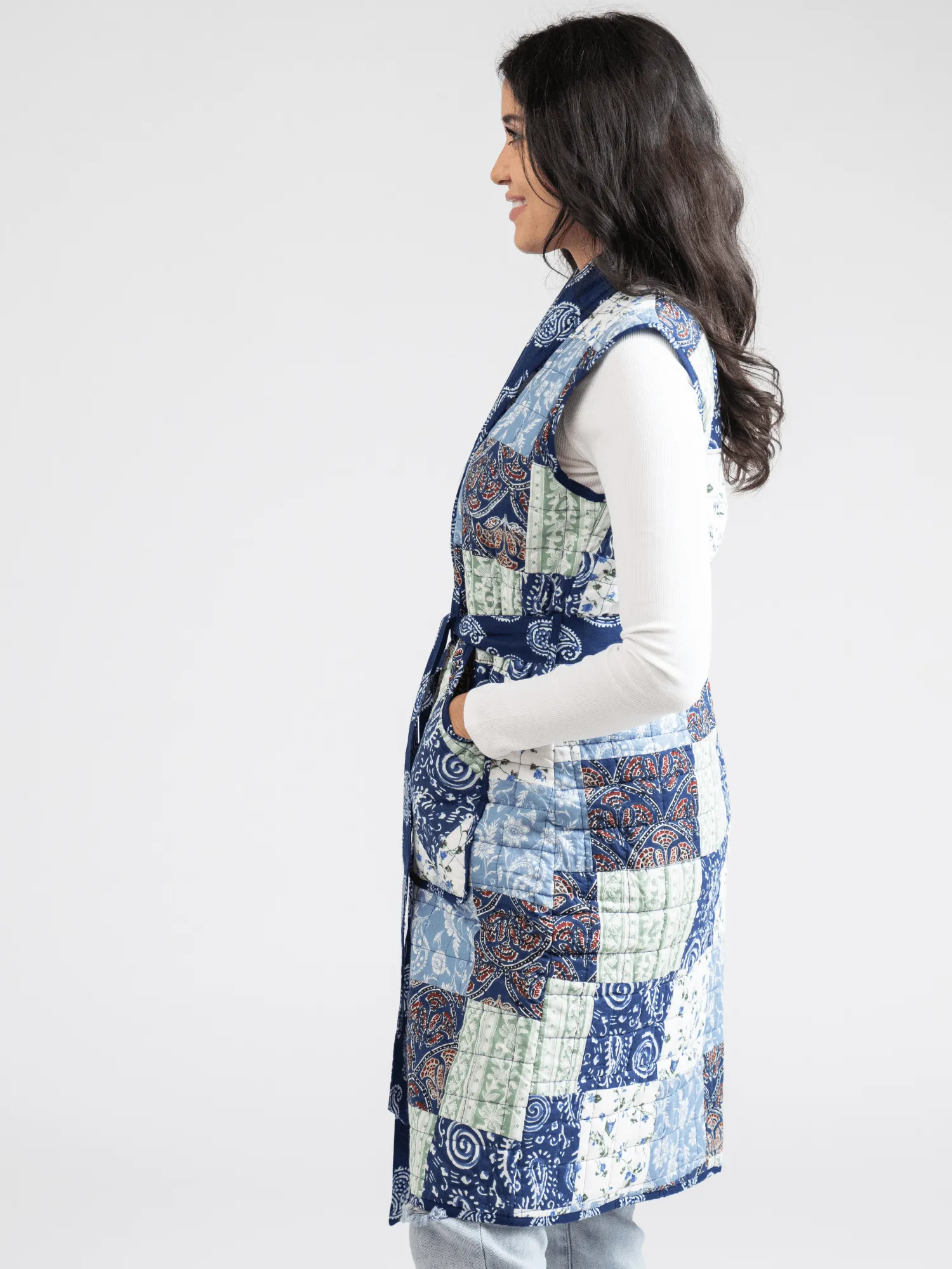 Quilted Long Vest in Large Blue Square