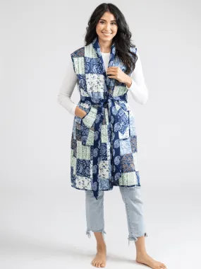 Quilted Long Vest in Large Blue Square