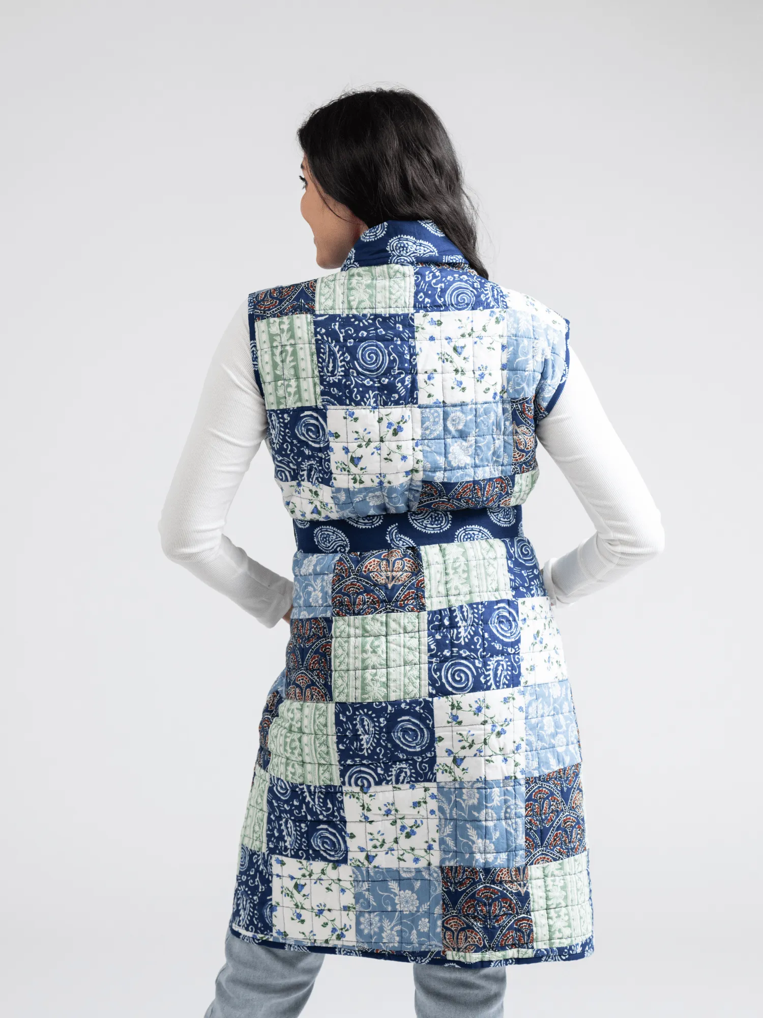 Quilted Long Vest in Large Blue Square