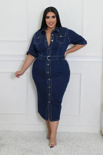 "Stone Cold" Dark Denim Belted Dress