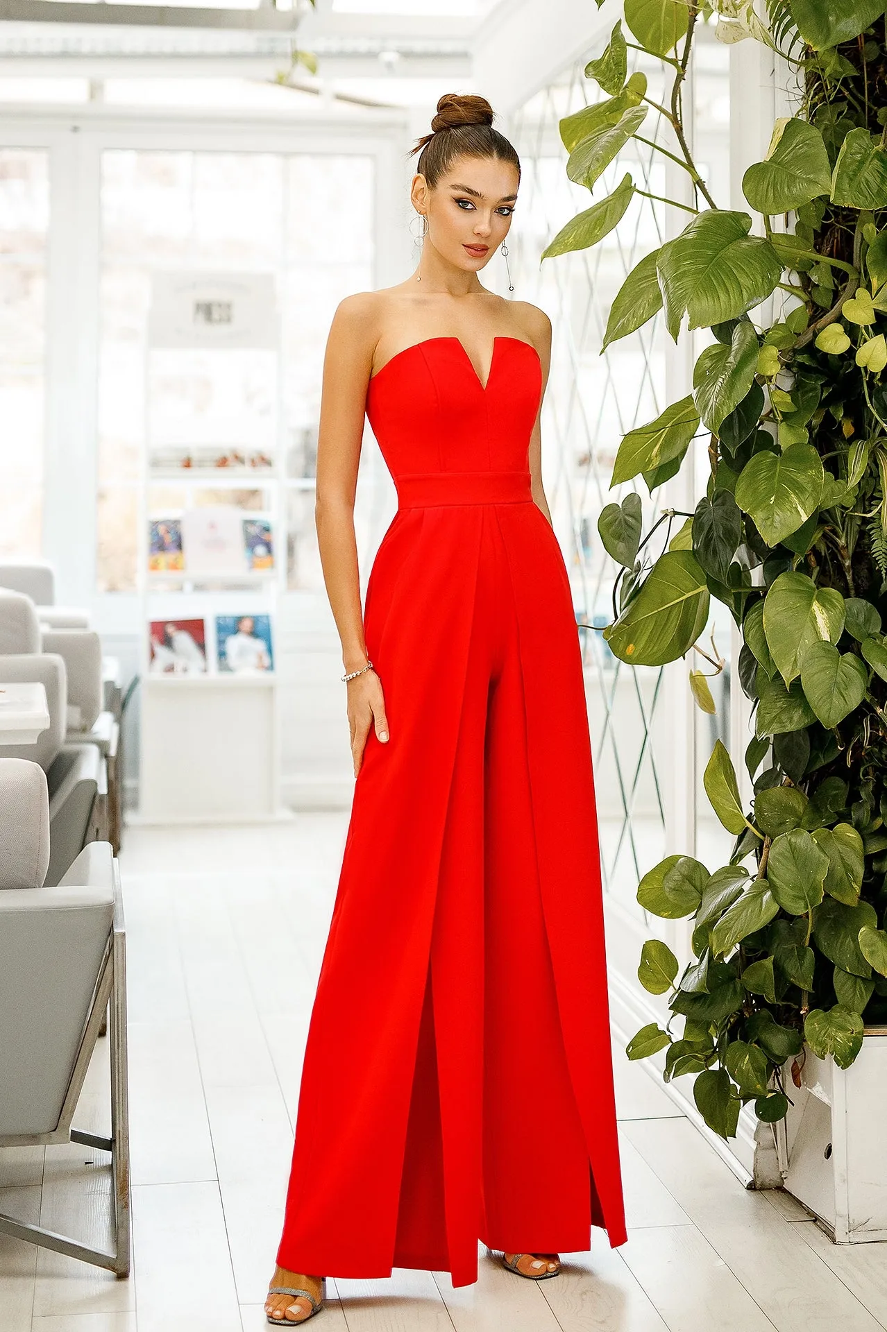 Red Strapless V-Neck Jumpsuit