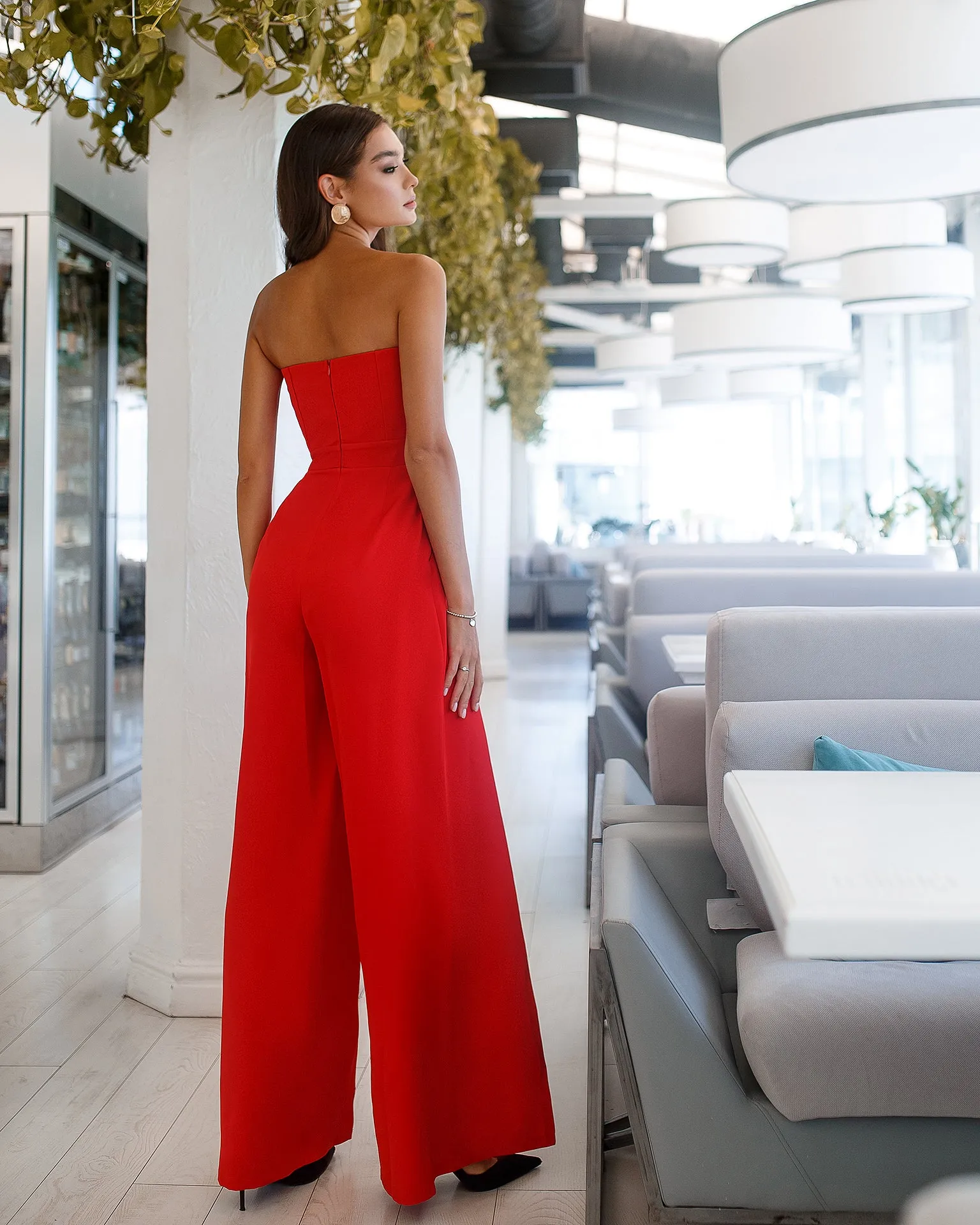 Red Strapless V-Neck Jumpsuit