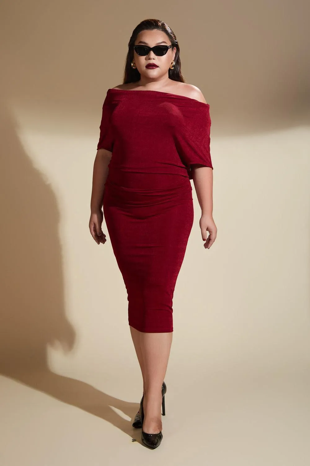 Reina Bodycon Off-Shoulder Polyester Spandex Midi Dress