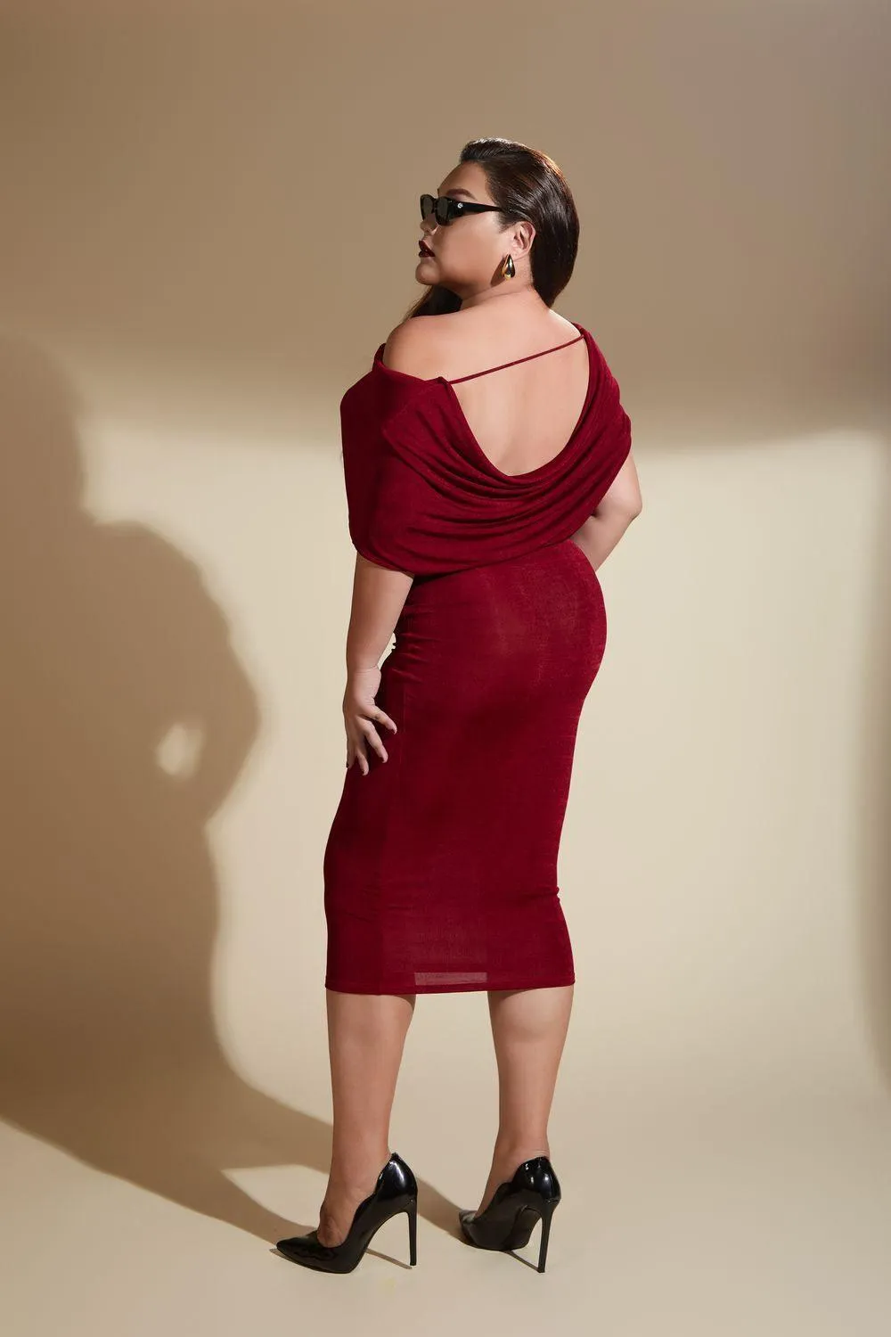 Reina Bodycon Off-Shoulder Polyester Spandex Midi Dress