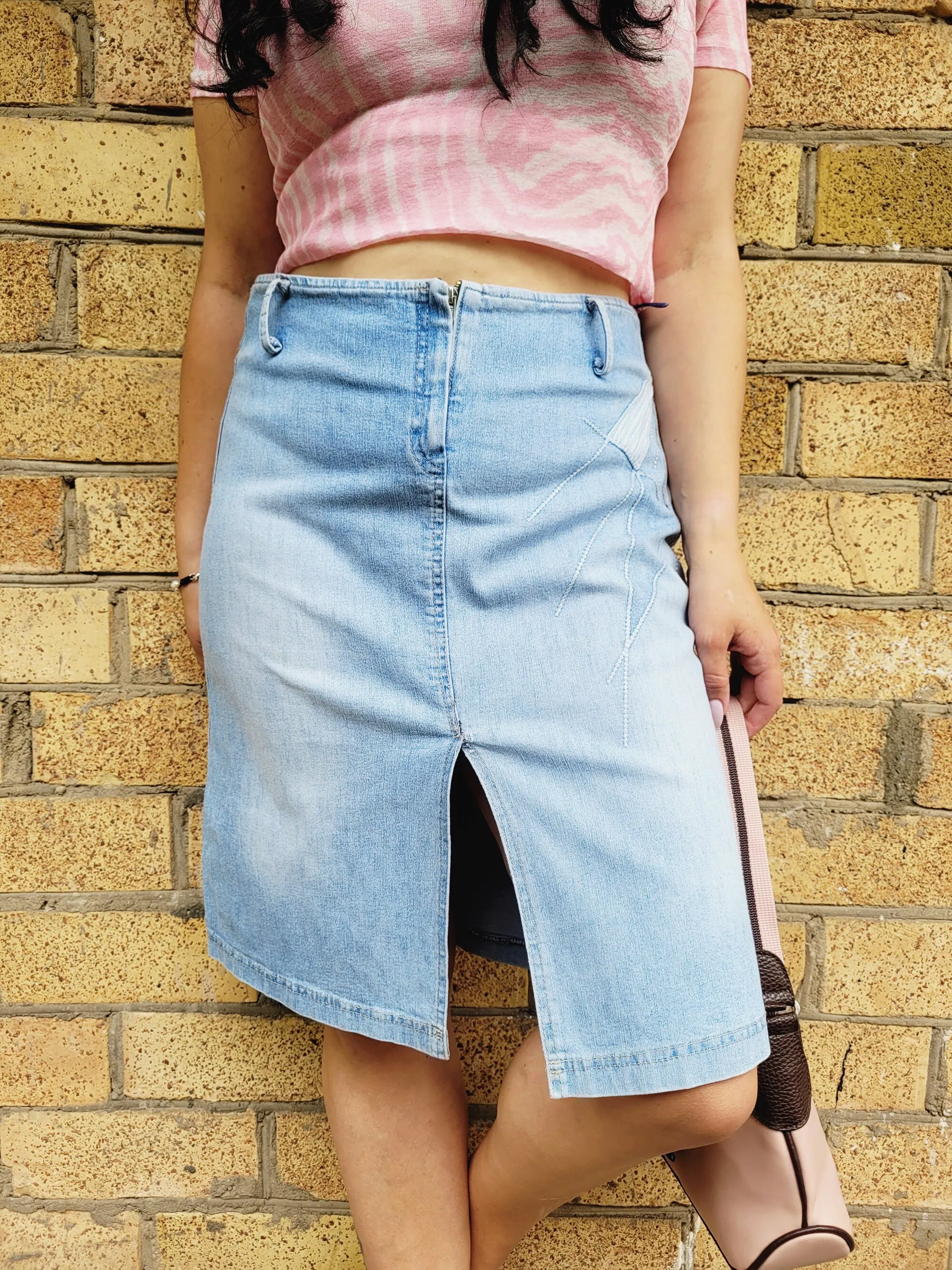 Retro 90s light blue denim jeans Western midi pencil skirt