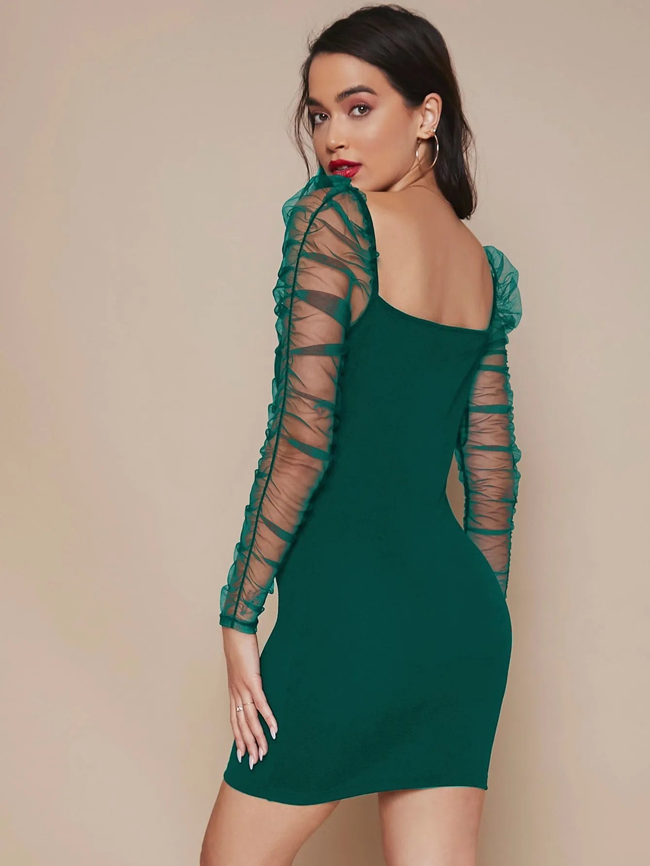 Ruched Sheer Mesh Gigot Sleeve Bodycon Dress