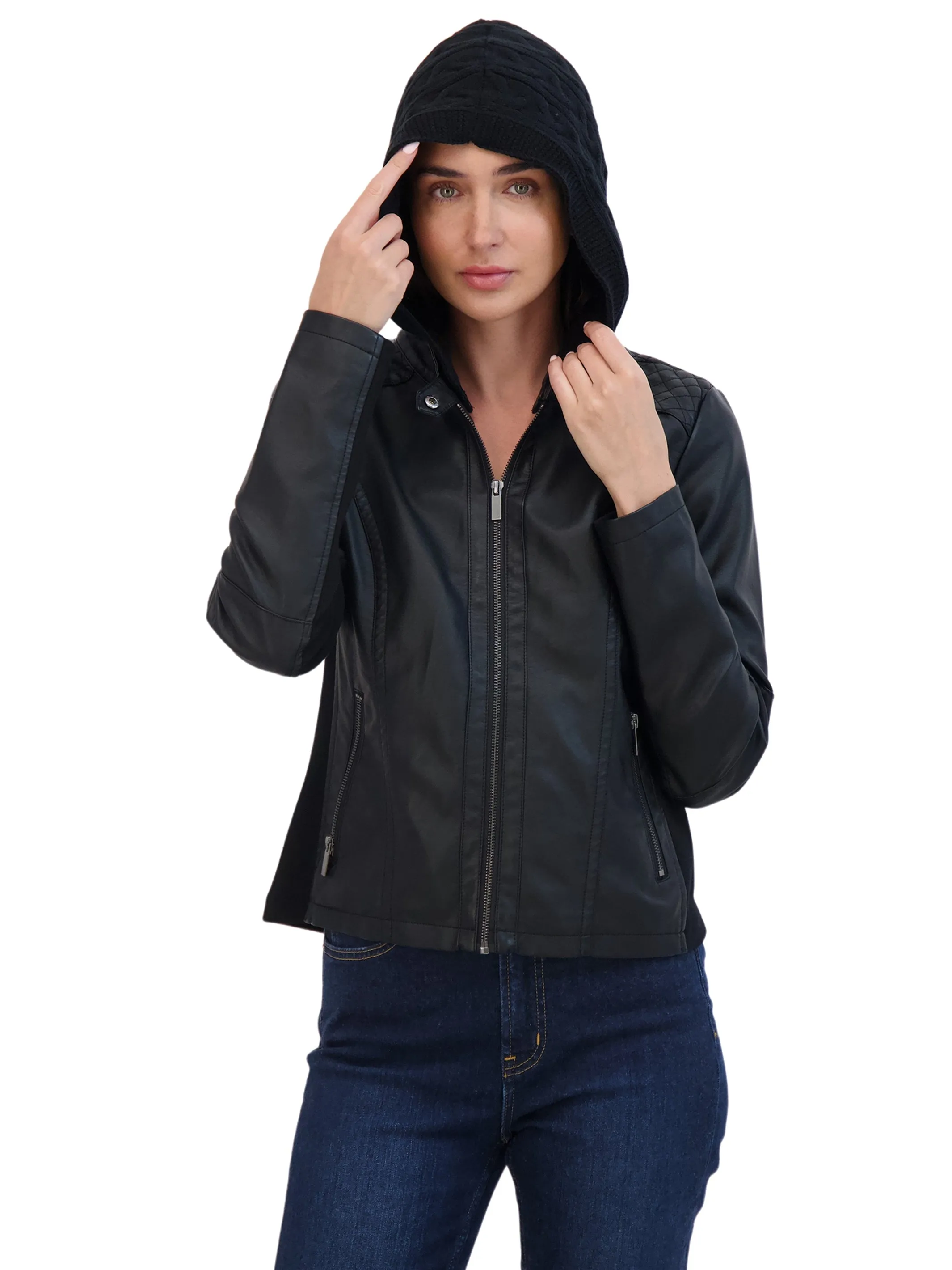 Sebby Collection Women's Garment Dyed Faux Leather Zip Front Jacket With Detachable Sweater Knit Hood