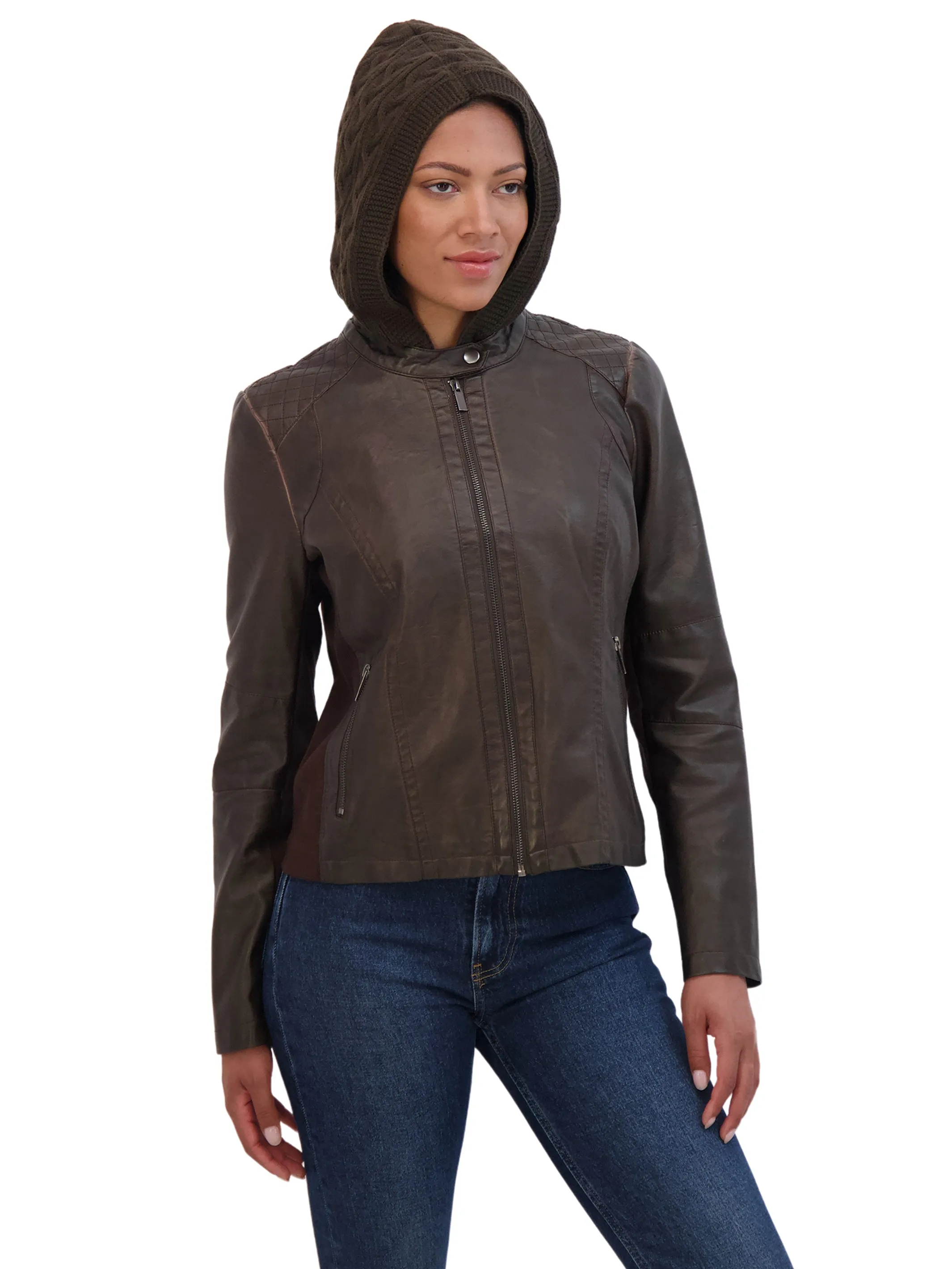 Sebby Collection Women's Garment Dyed Faux Leather Zip Front Jacket With Detachable Sweater Knit Hood