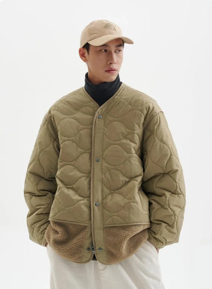 Shearling Patchwork Quilted Snap Button Jacket