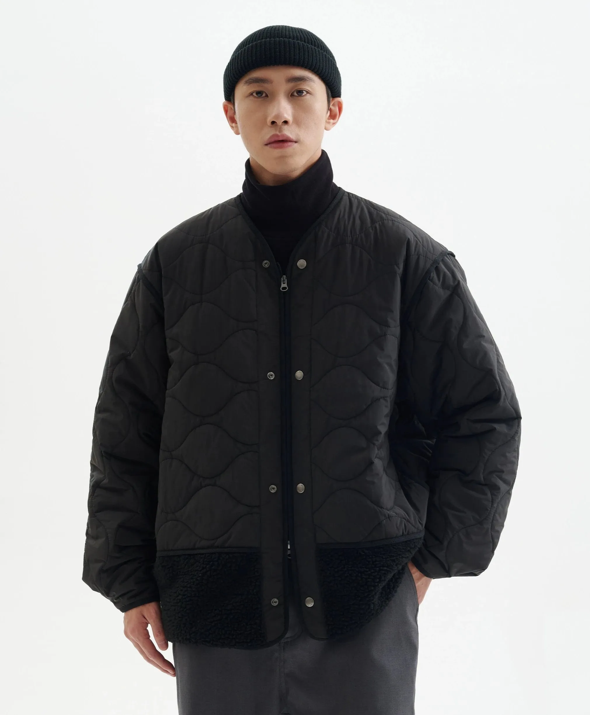 Shearling Patchwork Quilted Snap Button Jacket