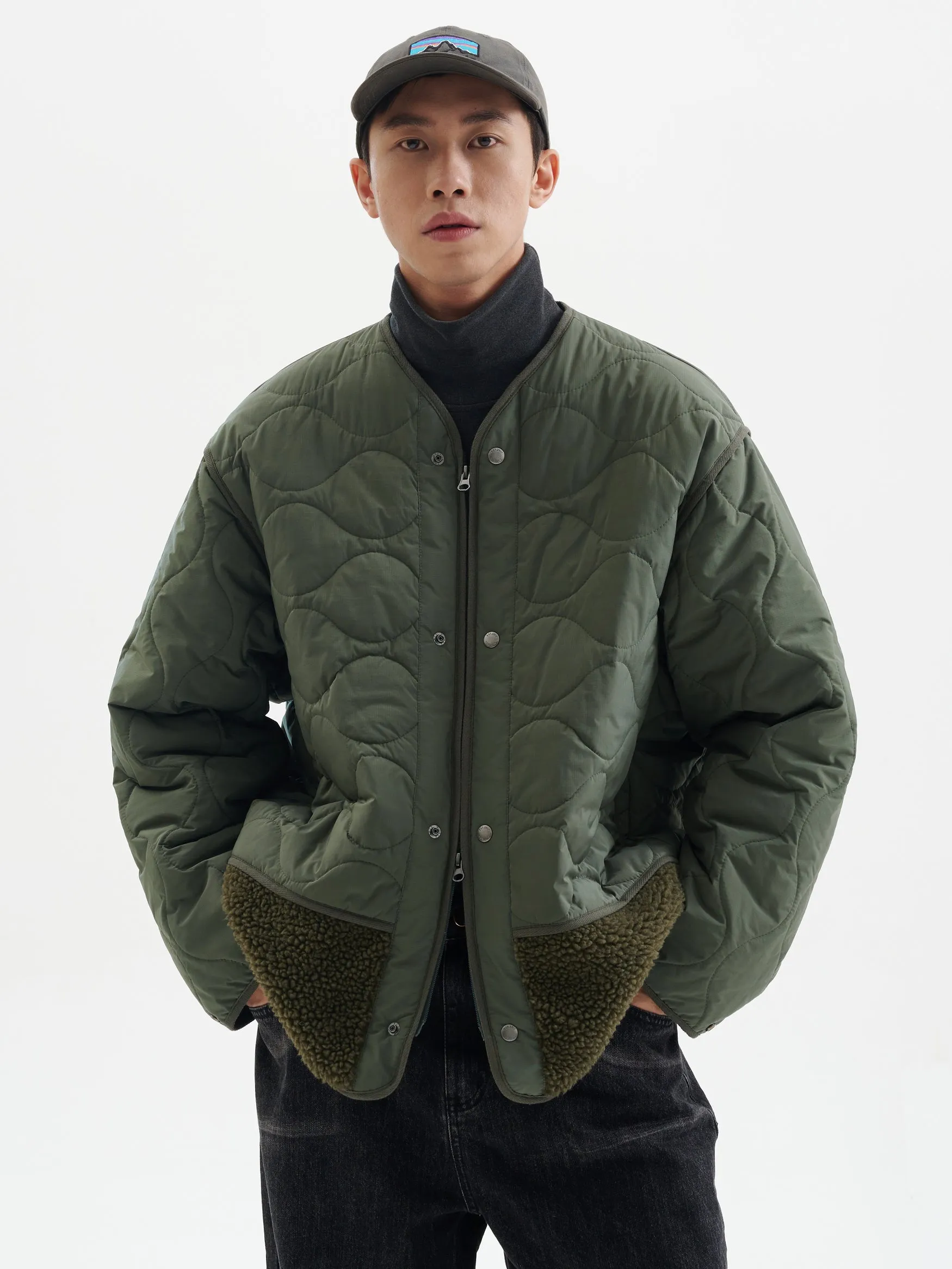 Shearling Patchwork Quilted Snap Button Jacket