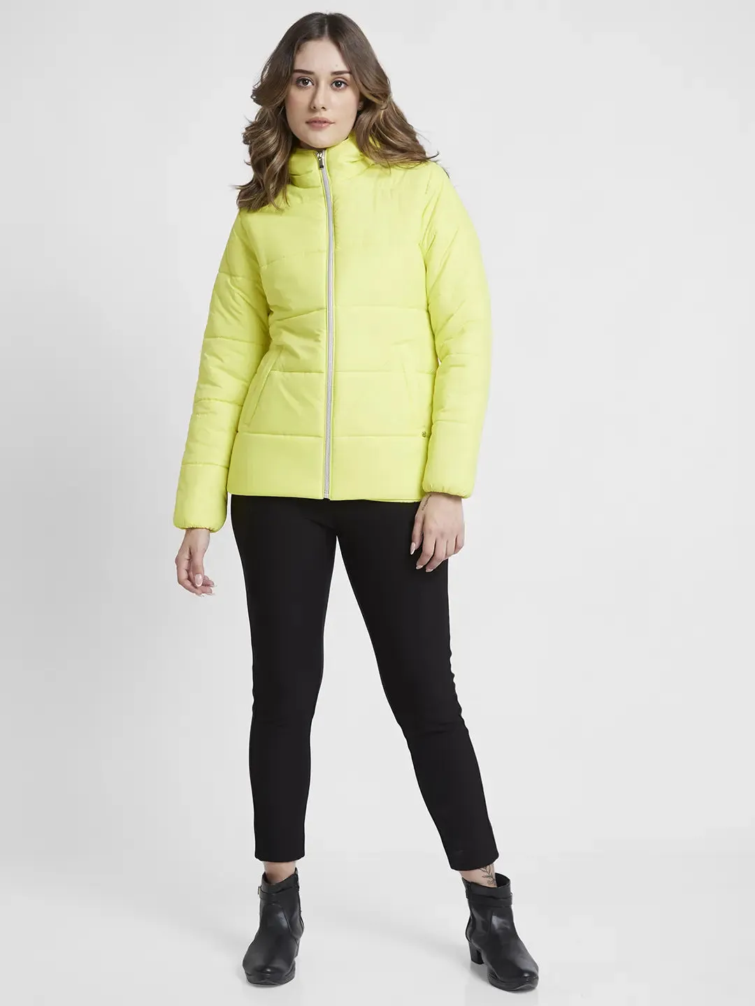 Spykar Women Neon Green Regular Fit Hooded Plain Jacket