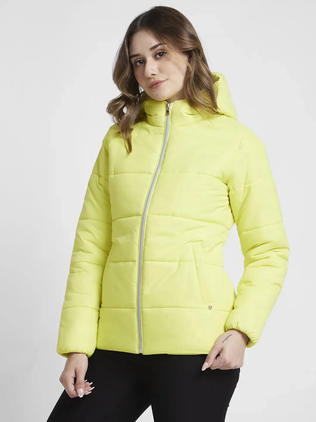 Spykar Women Neon Green Regular Fit Hooded Plain Jacket