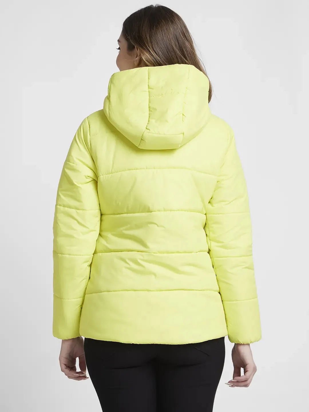 Spykar Women Neon Green Regular Fit Hooded Plain Jacket