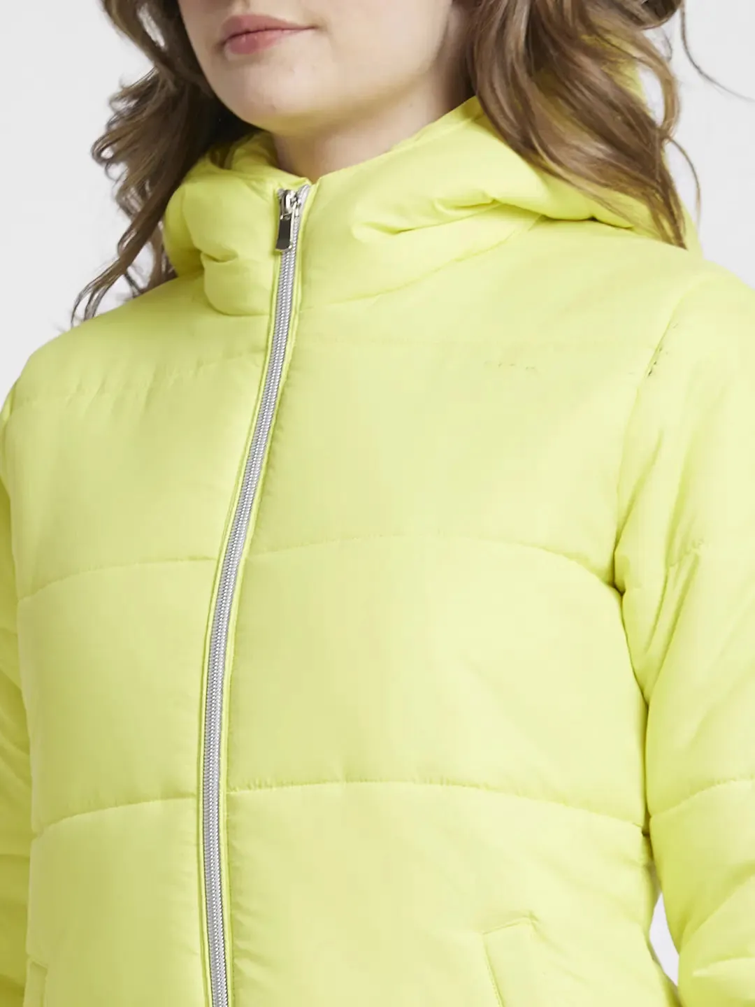 Spykar Women Neon Green Regular Fit Hooded Plain Jacket