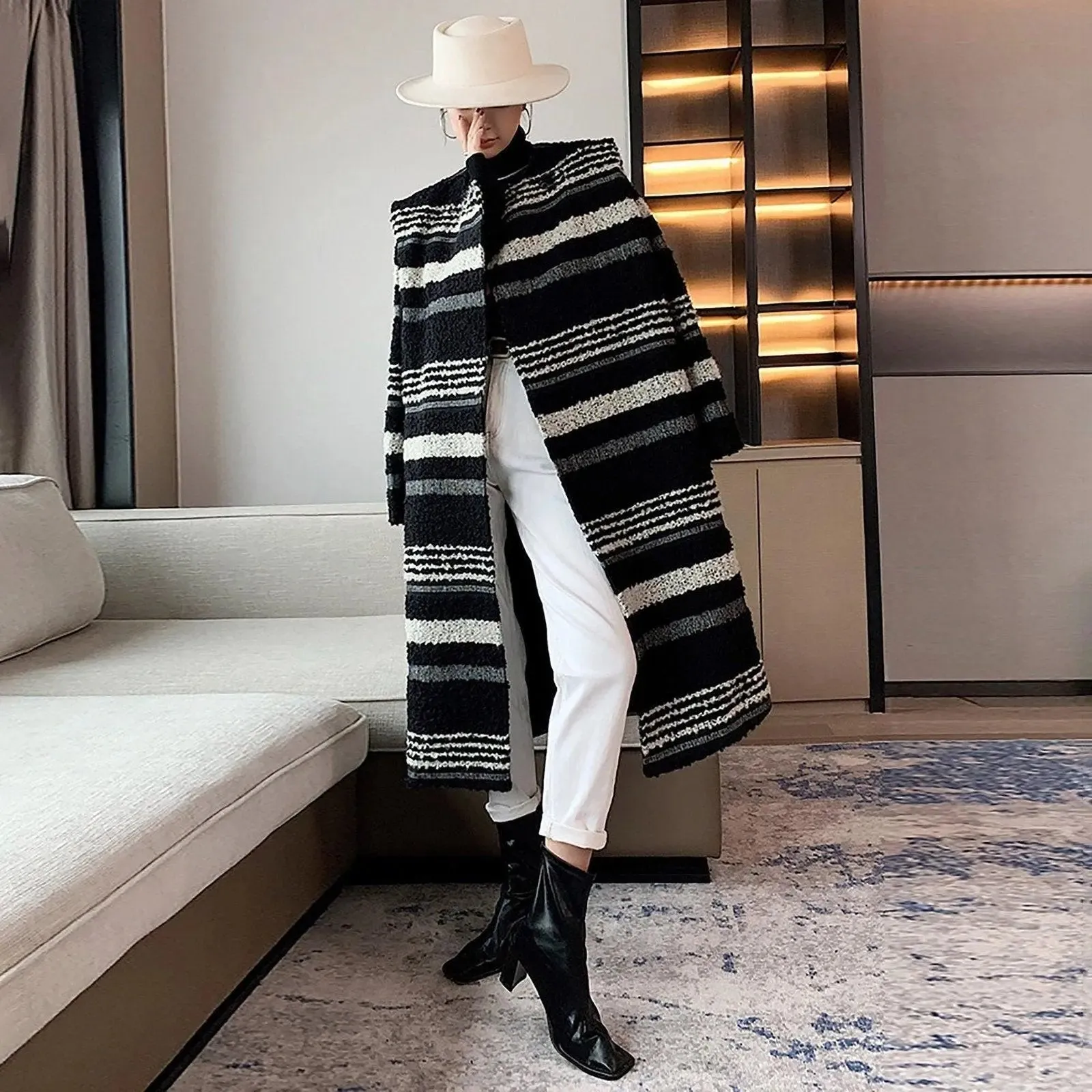 Striped Collarless Midi Length Wool Blend Coat