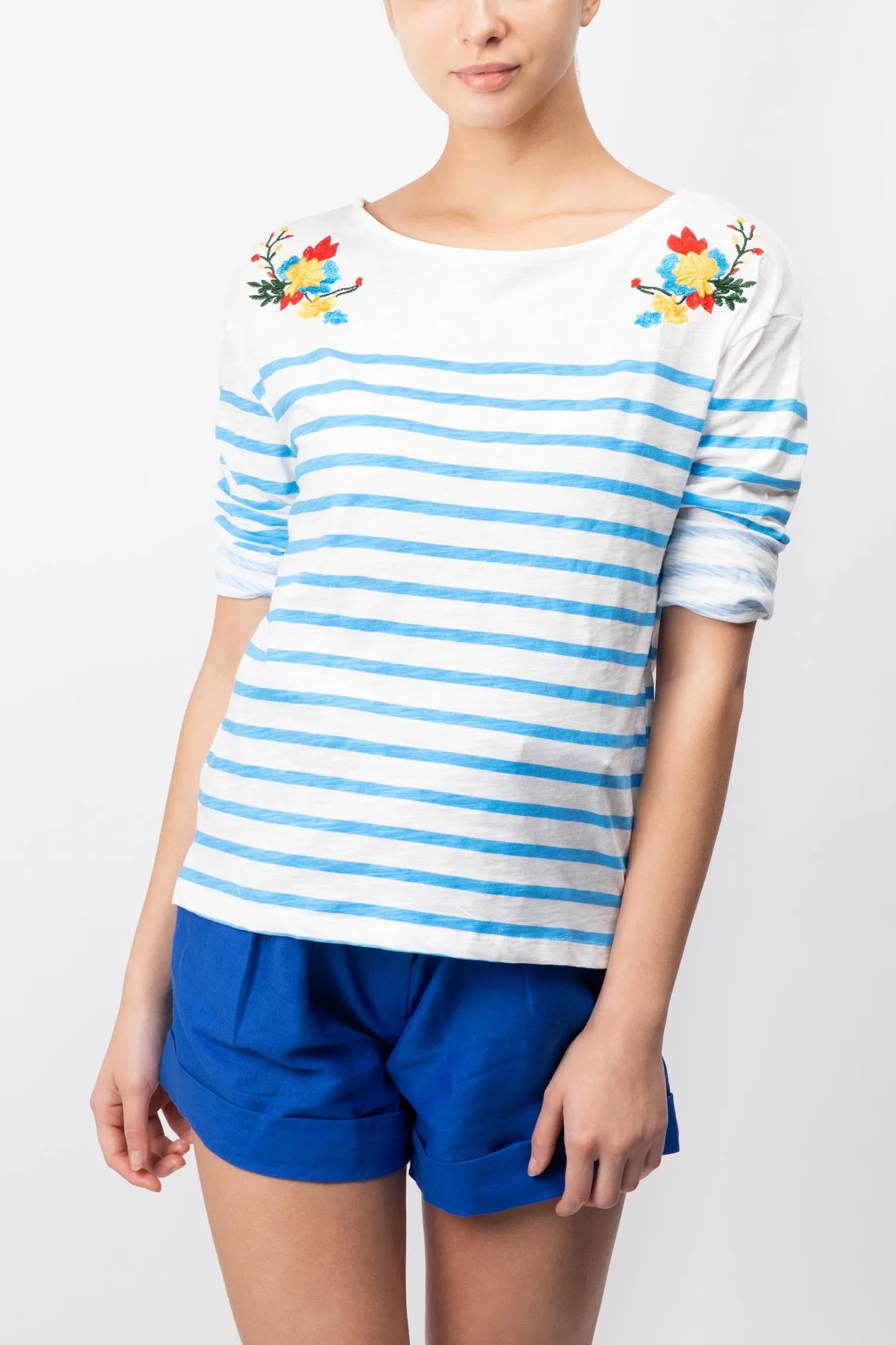 Striped T-shirt With Floral Embroidery