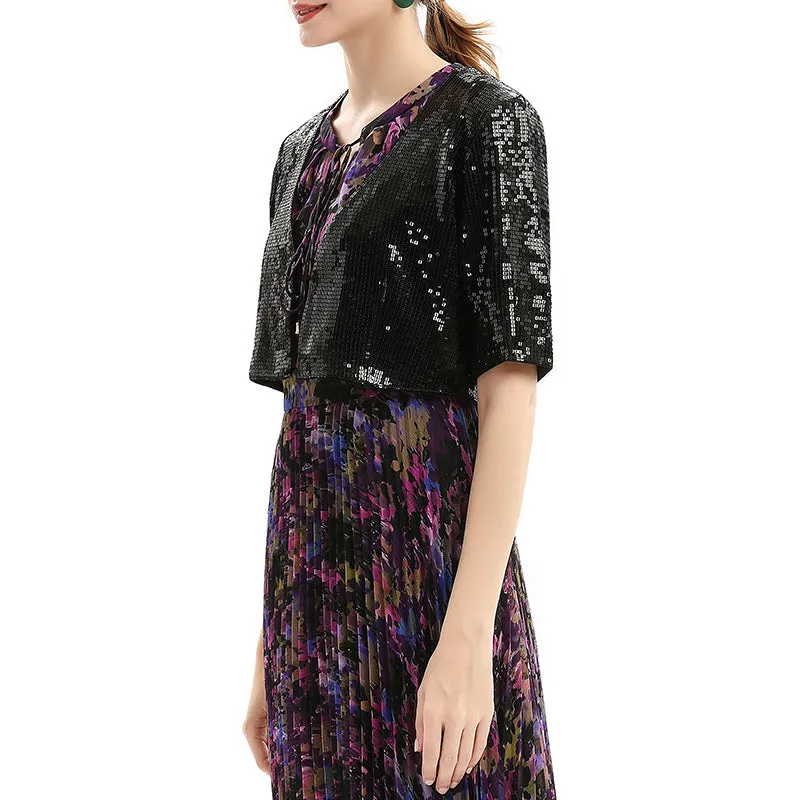 T046 Women sequined chiffon jacket V-neck short sleeves cropped blouse jacket