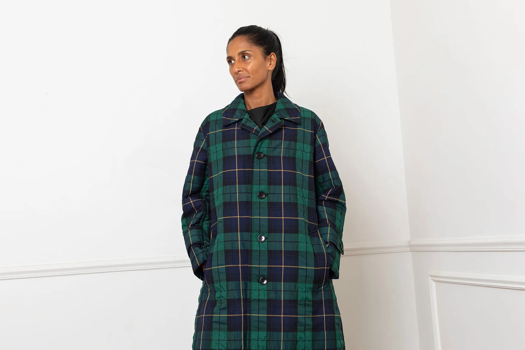 Tartan Check Coat - Navy/Green