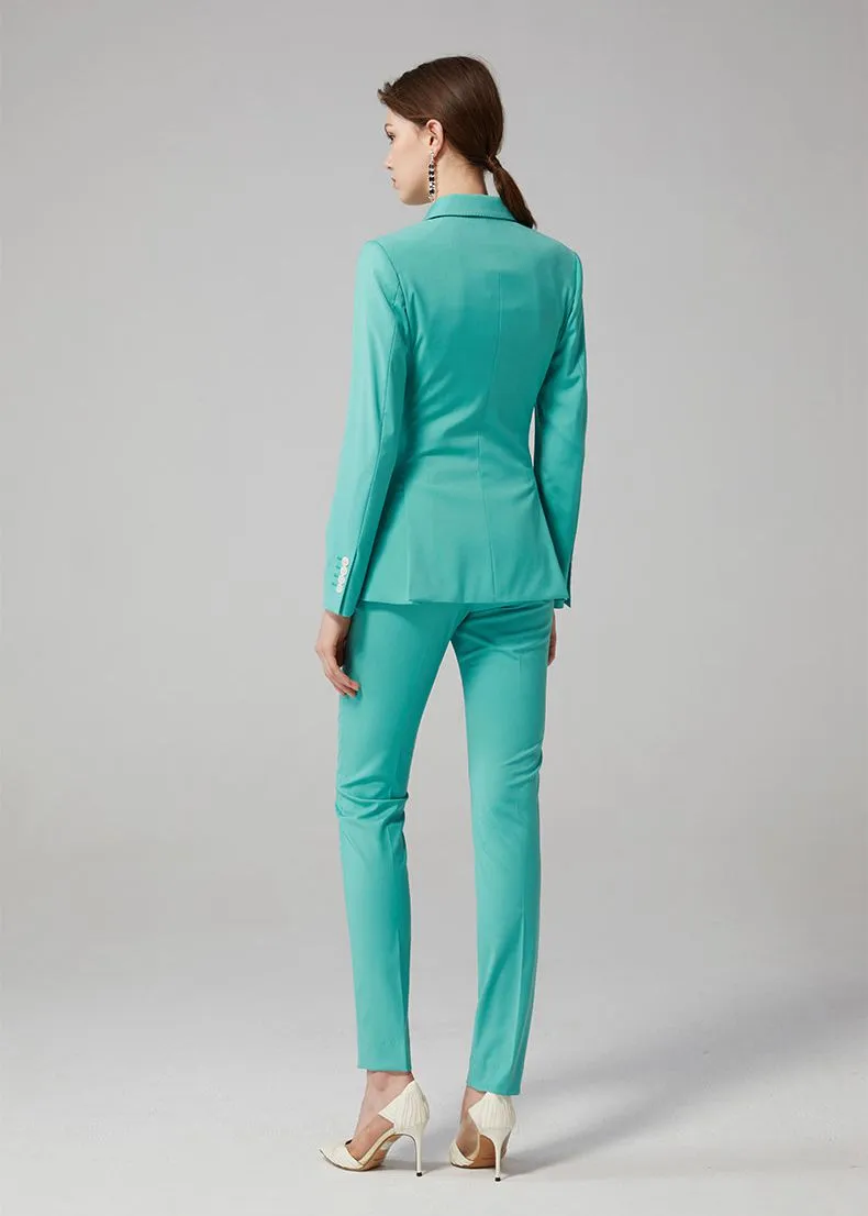 Turquoise Double Breasted Blazer & Slim Cropped Leg Pants Set