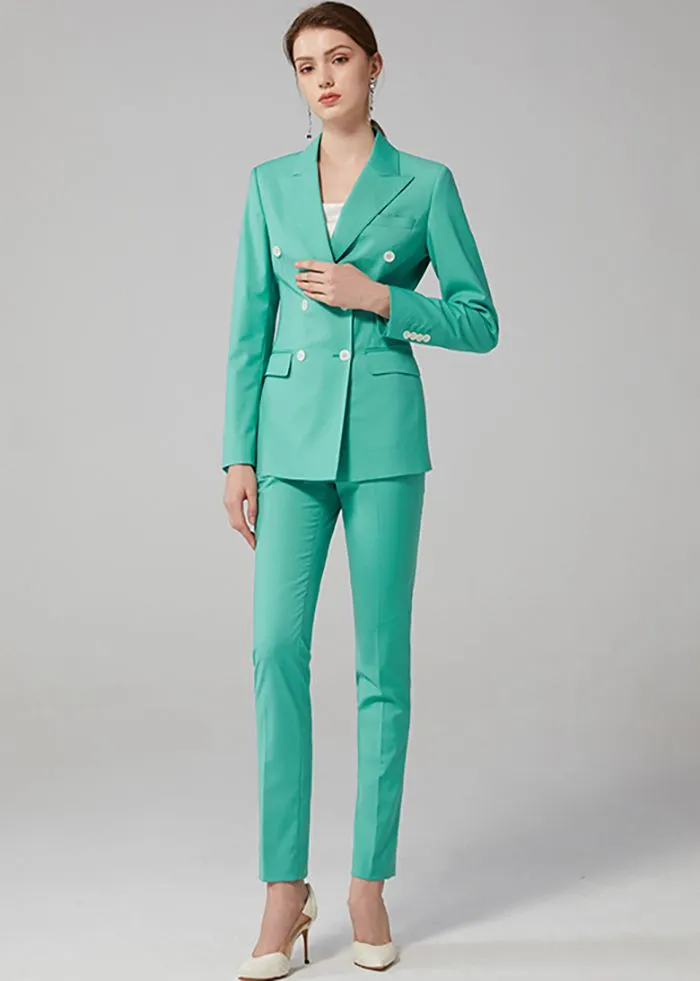 Turquoise Double Breasted Blazer & Slim Cropped Leg Pants Set