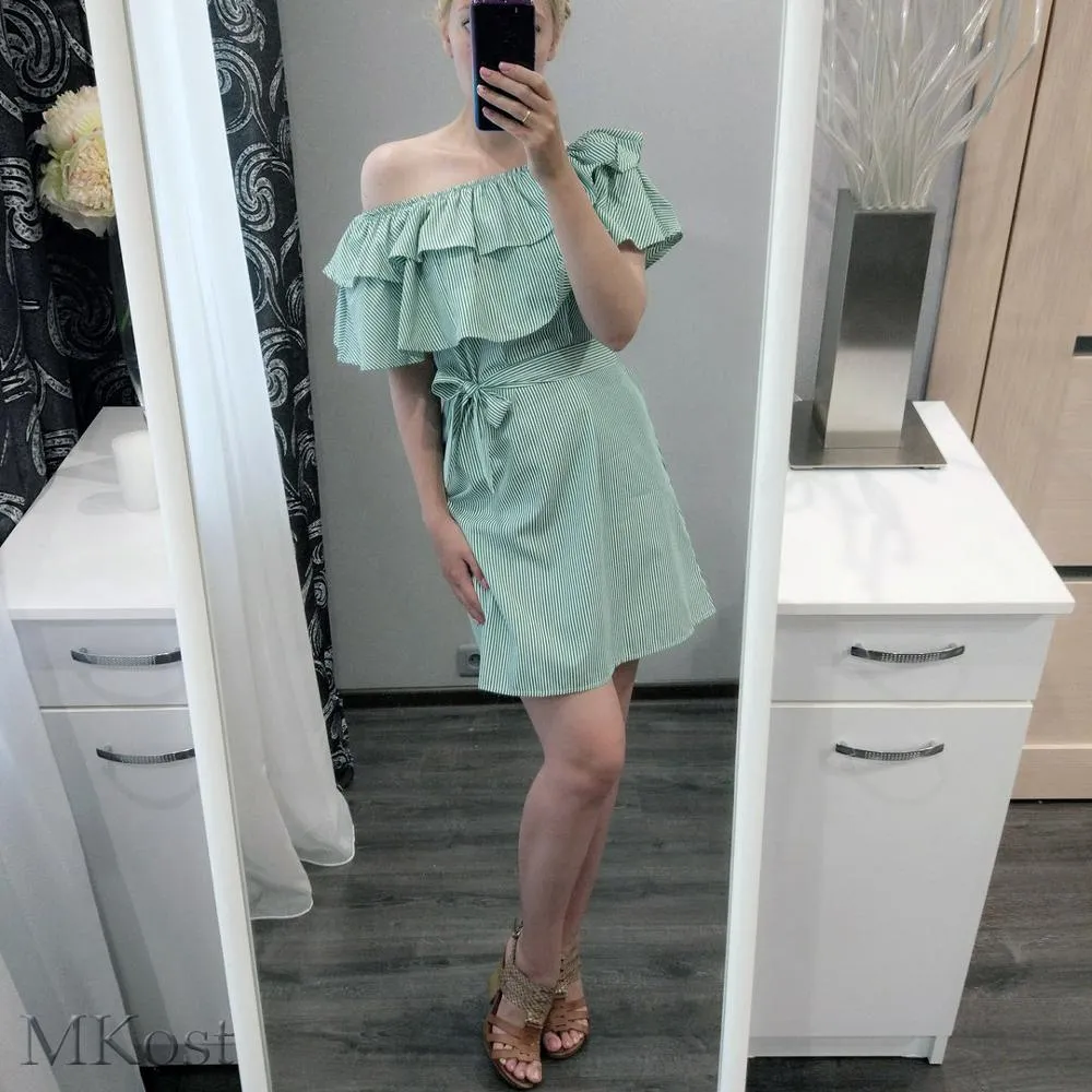 VenusFox Striped Ruffle Collar Summer Dress Sundress Casual Sexy Bodycon Summer Dress