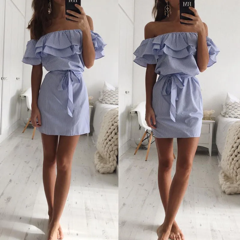 VenusFox Striped Ruffle Collar Summer Dress Sundress Casual Sexy Bodycon Summer Dress