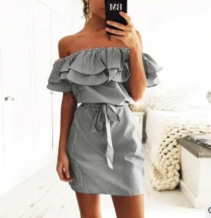 VenusFox Striped Ruffle Collar Summer Dress Sundress Casual Sexy Bodycon Summer Dress