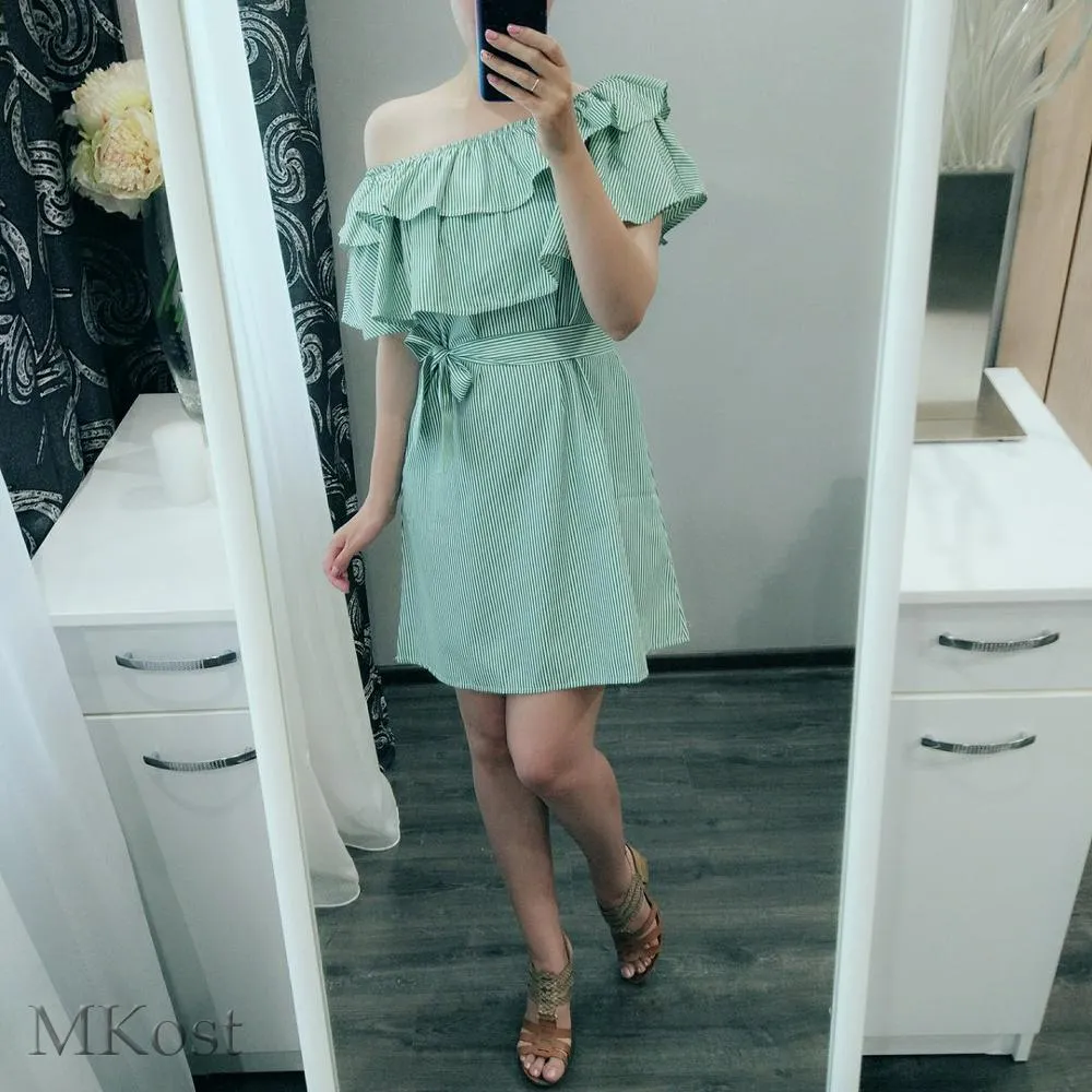 VenusFox Striped Ruffle Collar Summer Dress Sundress Casual Sexy Bodycon Summer Dress