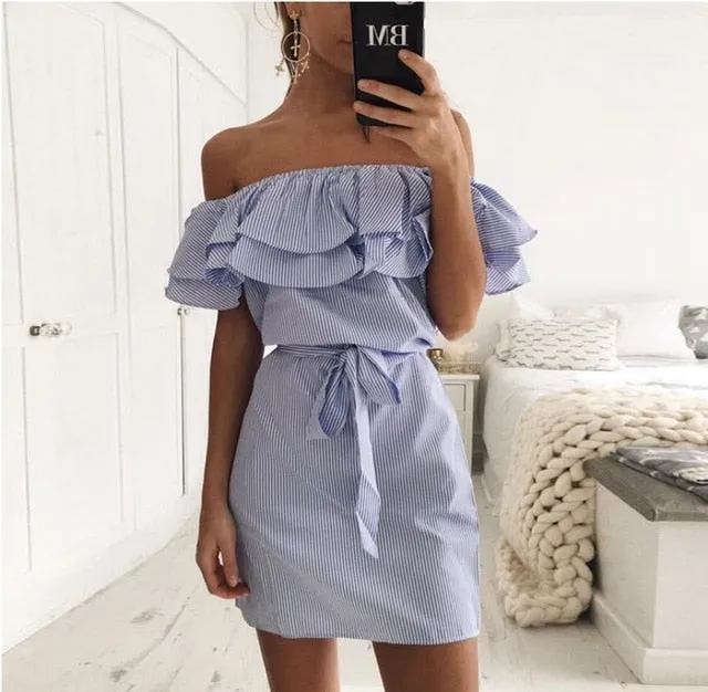 VenusFox Striped Ruffle Collar Summer Dress Sundress Casual Sexy Bodycon Summer Dress