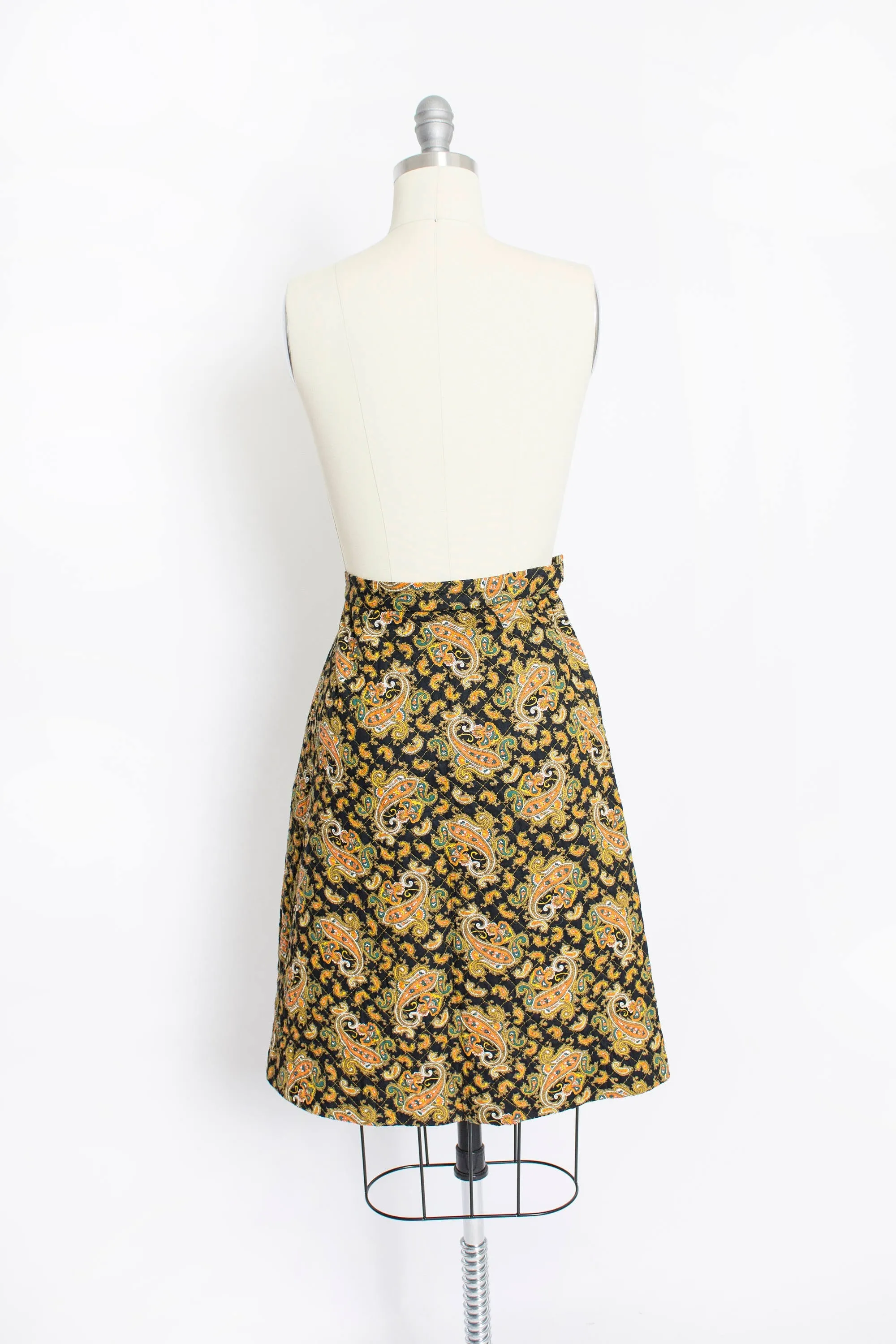 Vintage 1960s Skirt Quilted Cotton Paisley Printed Mini A-Line XS Extra Small