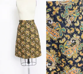 Vintage 1960s Skirt Quilted Cotton Paisley Printed Mini A-Line XS Extra Small