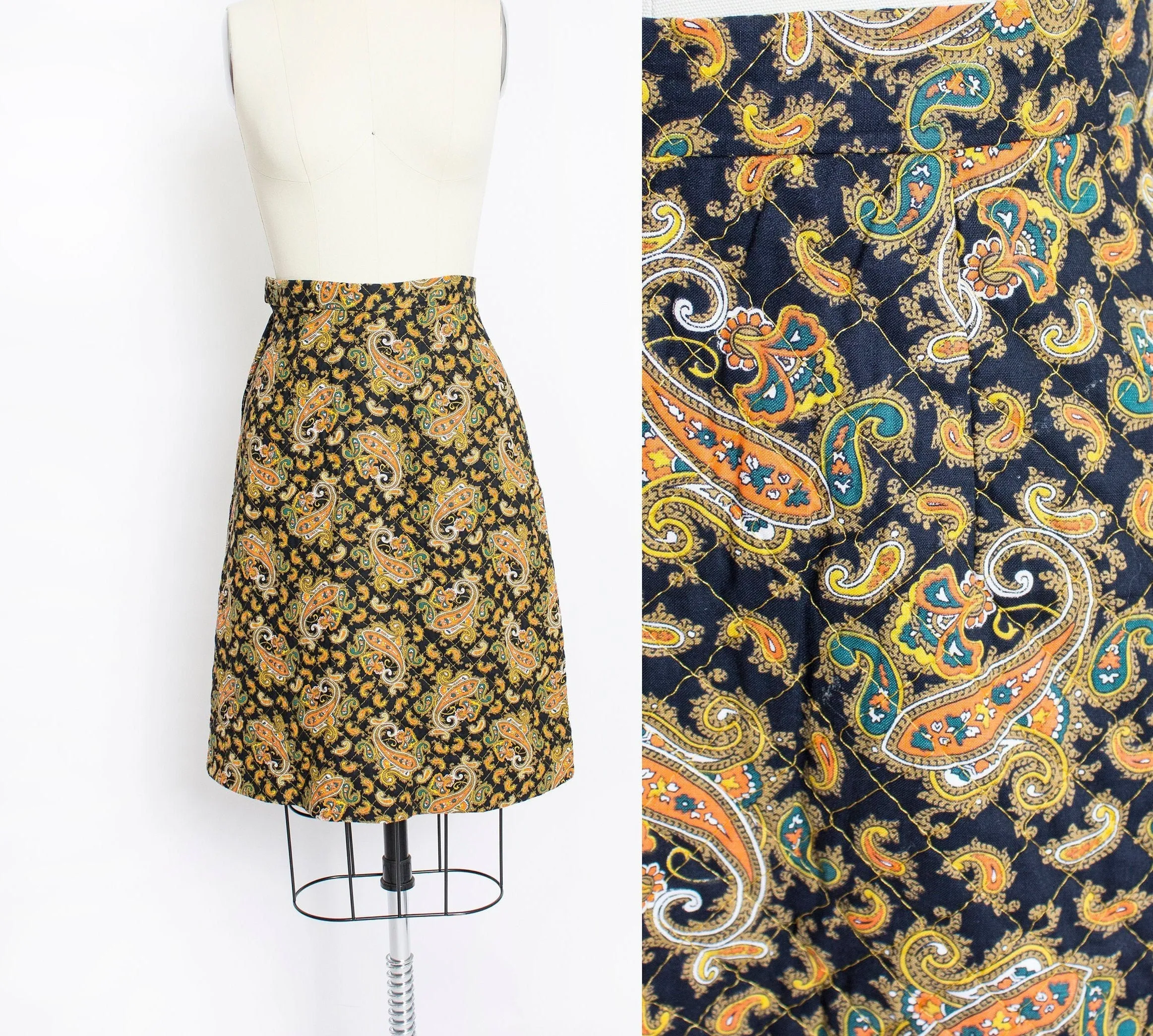 Vintage 1960s Skirt Quilted Cotton Paisley Printed Mini A-Line XS Extra Small