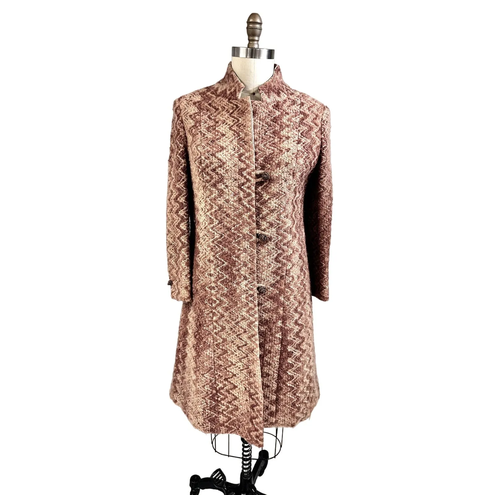 VTG 1970s Retro Womens Coat Rusty Zigzag Woven Wool w/ Rhinestone Cone Buttons Sz S/M