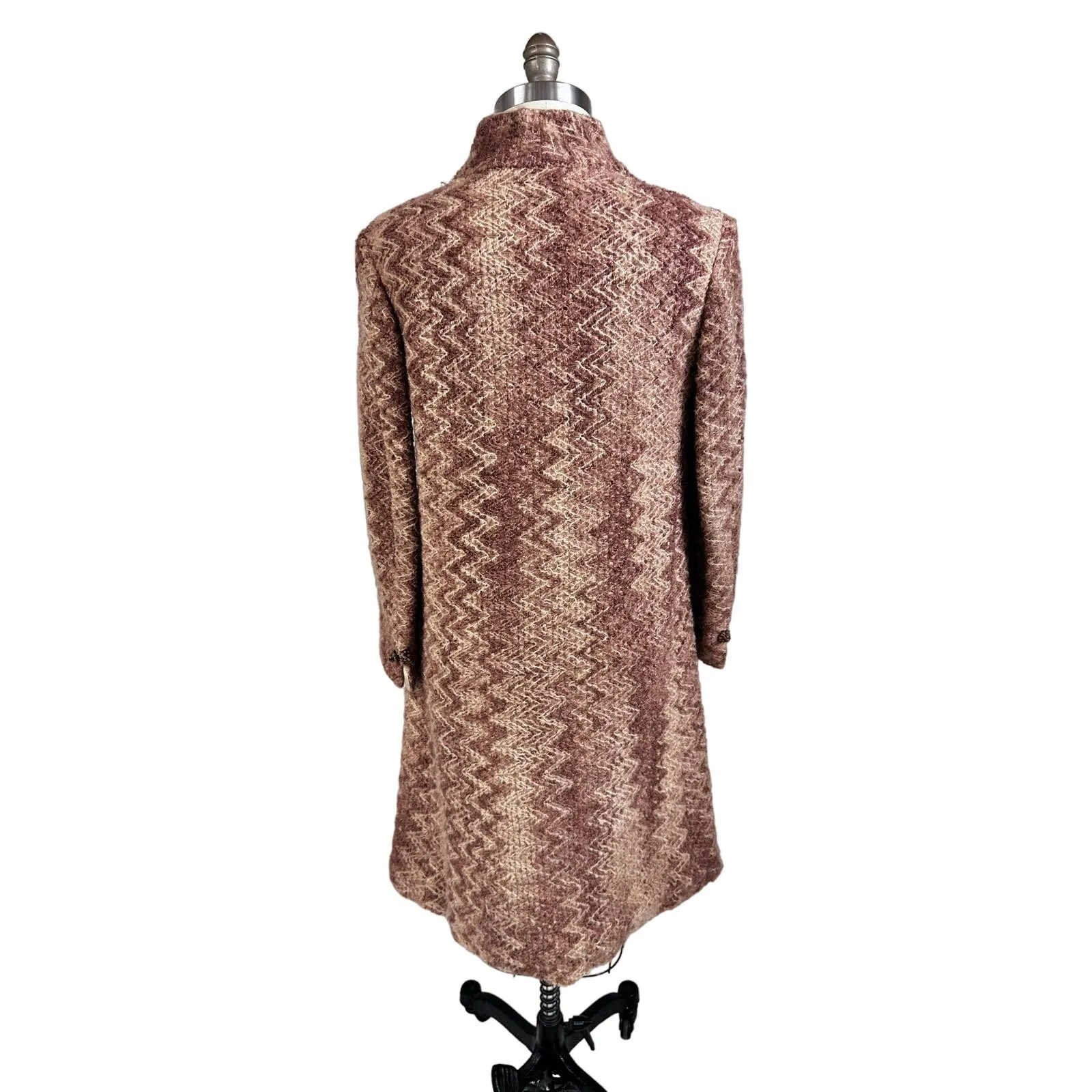 VTG 1970s Retro Womens Coat Rusty Zigzag Woven Wool w/ Rhinestone Cone Buttons Sz S/M