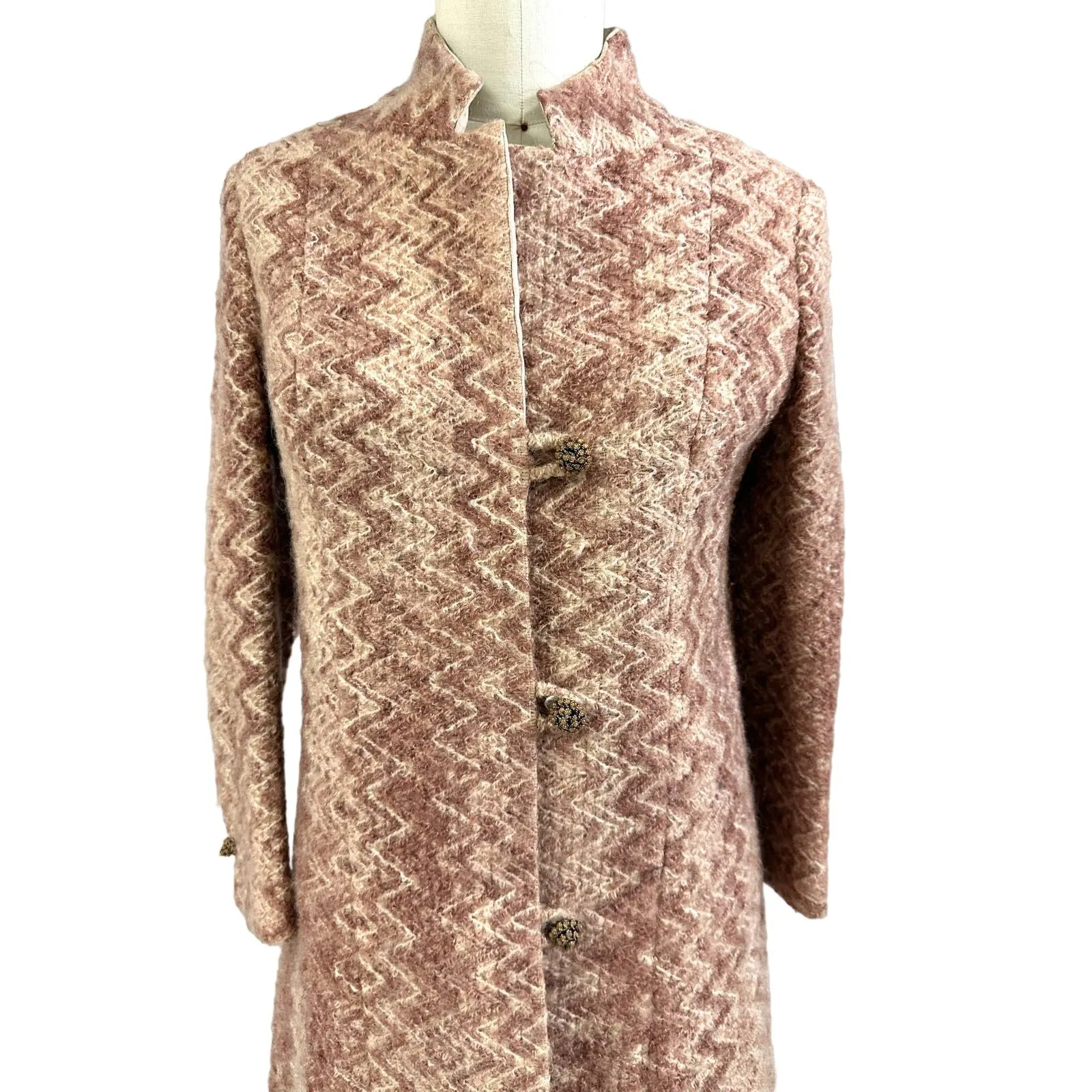 VTG 1970s Retro Womens Coat Rusty Zigzag Woven Wool w/ Rhinestone Cone Buttons Sz S/M