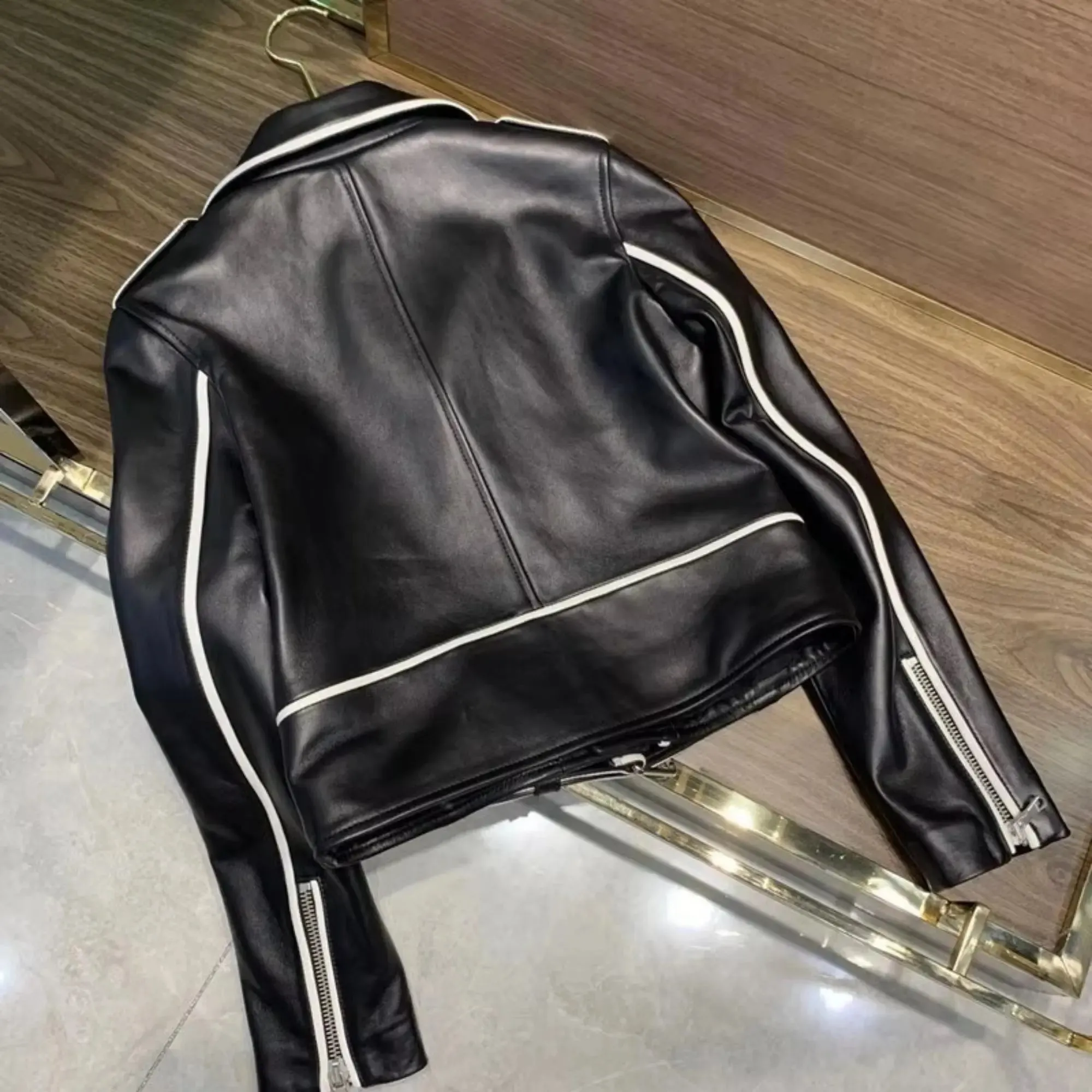 White Piped Biker Leather Jacket