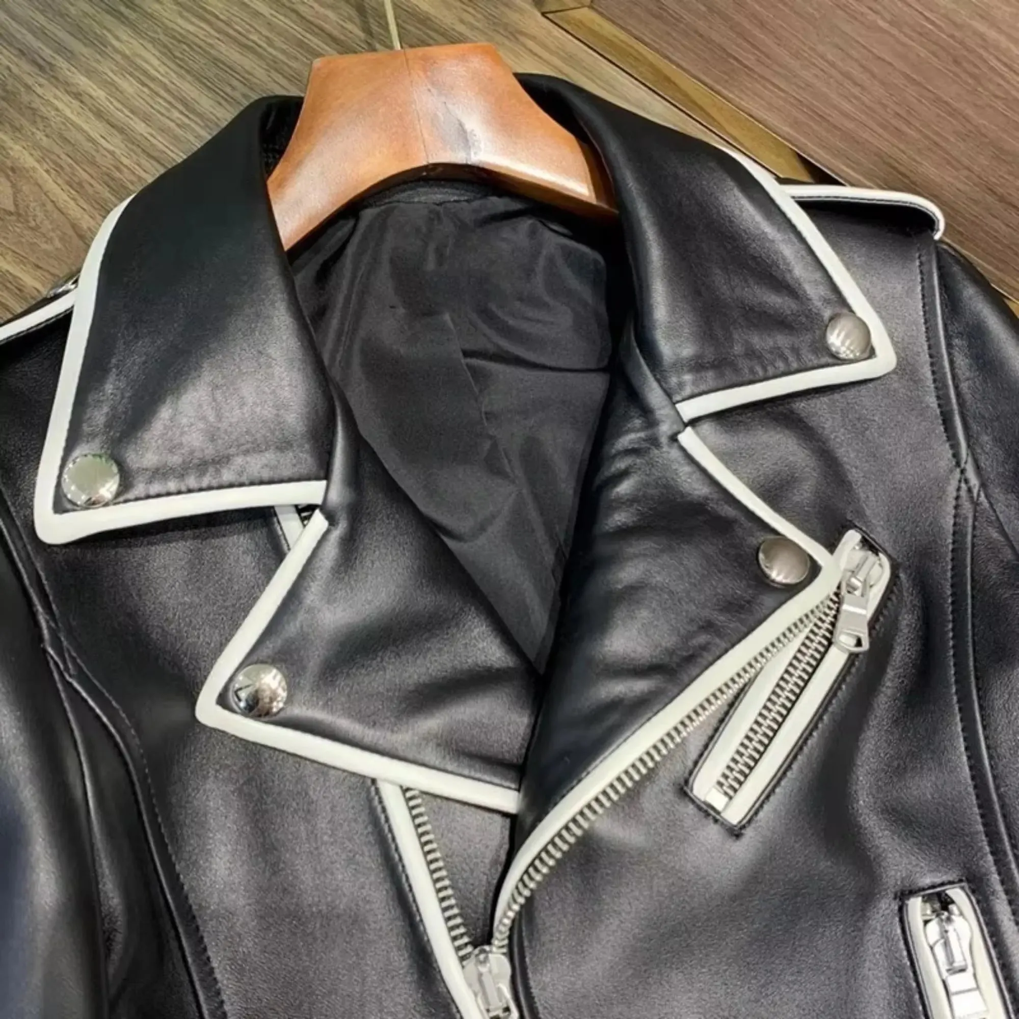 White Piped Biker Leather Jacket