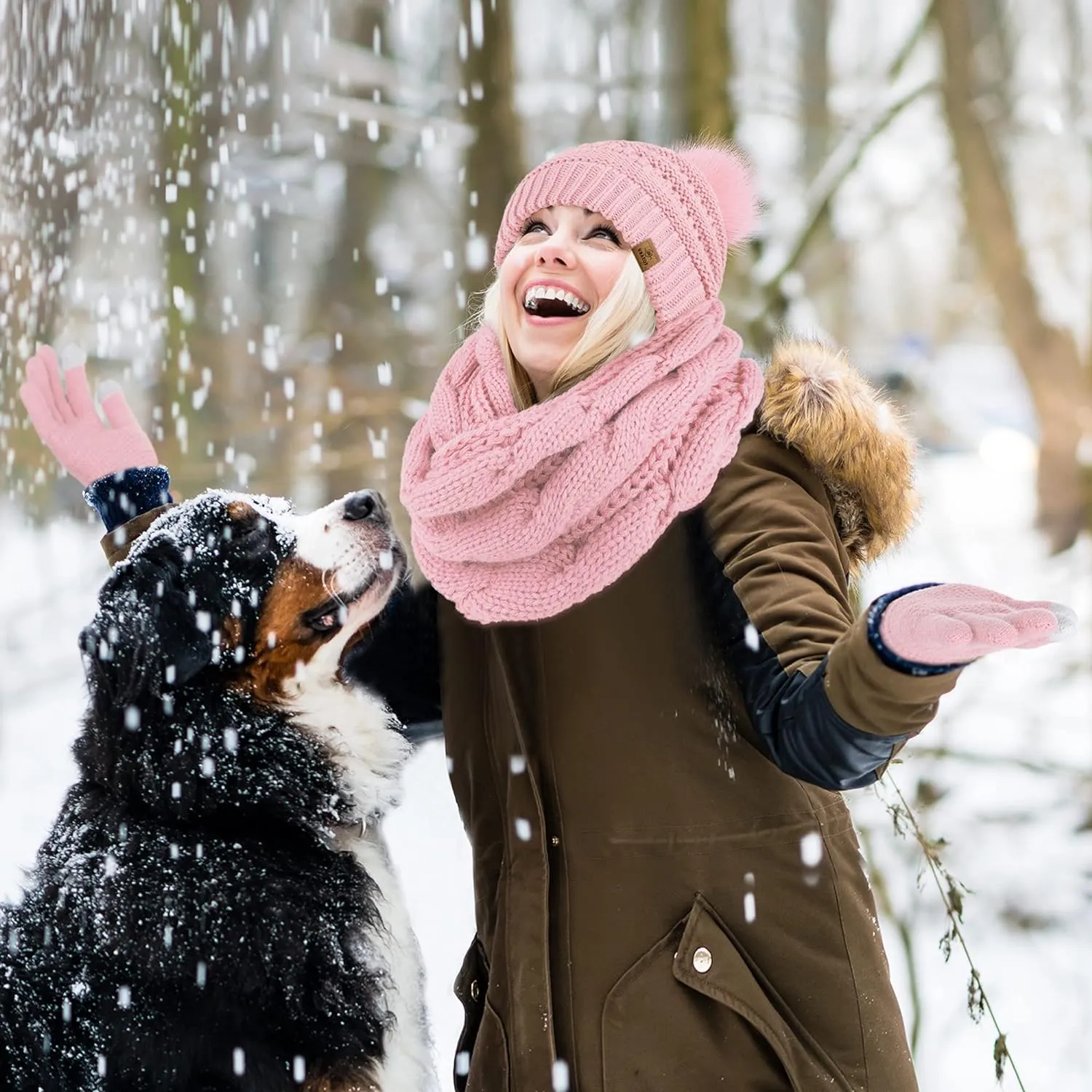 Winter Knit Light Pink Beanie Hat, Scarf, Ear Muff & Gloves Set