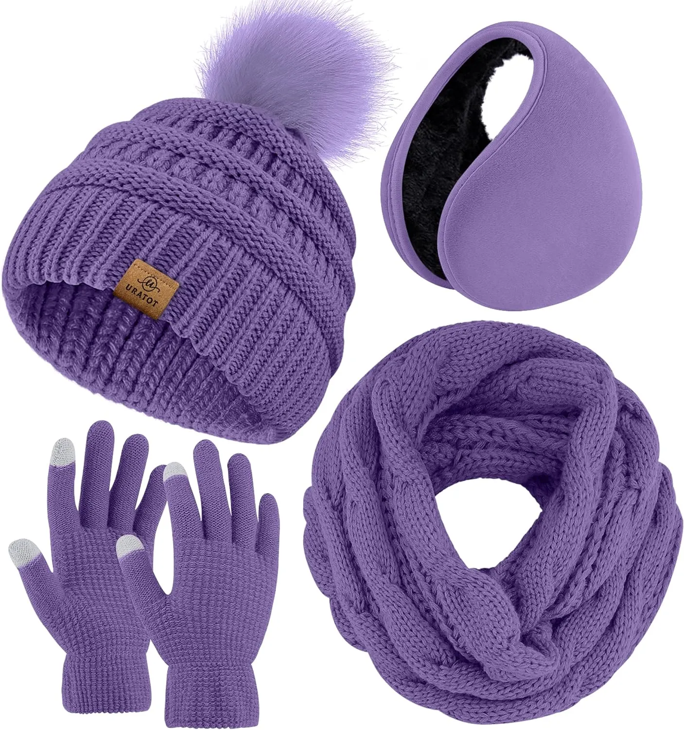 Winter Knit Light Pink Beanie Hat, Scarf, Ear Muff & Gloves Set