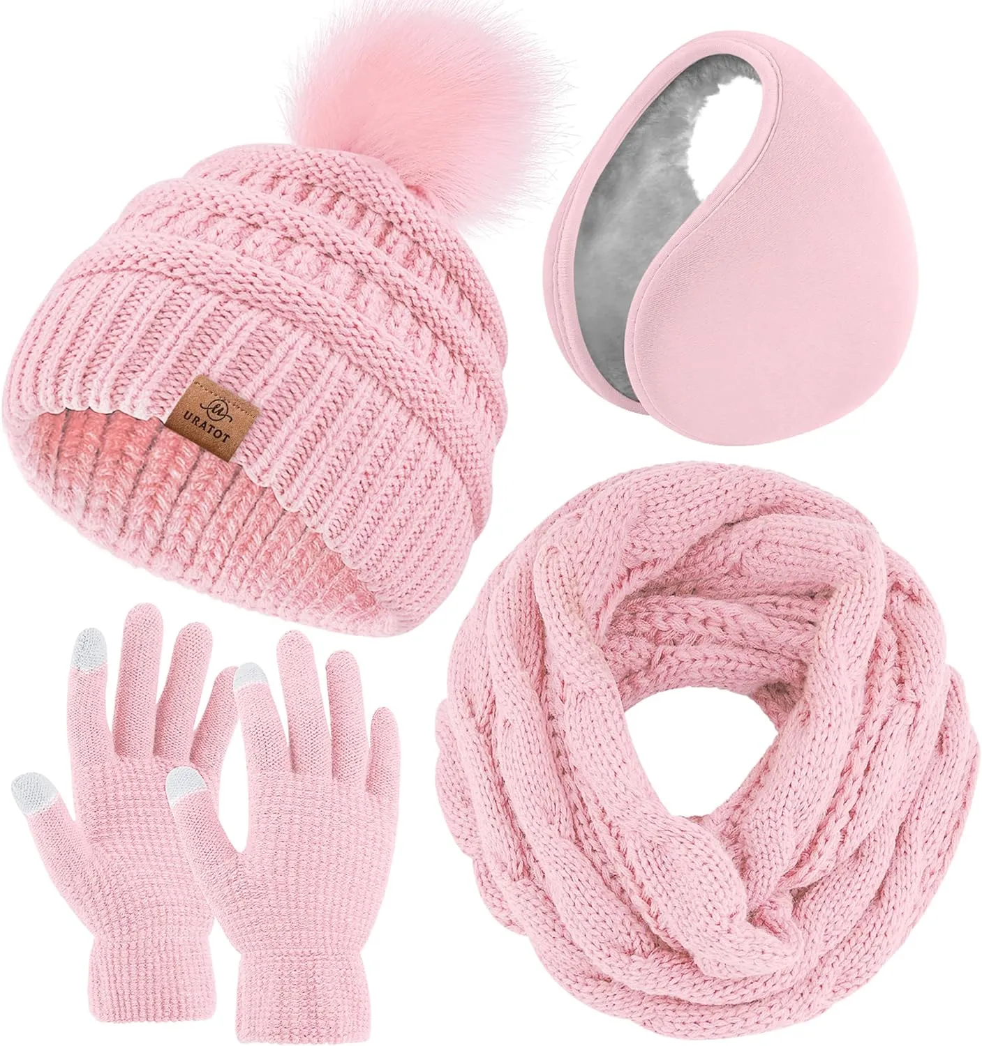 Winter Knit Light Pink Beanie Hat, Scarf, Ear Muff & Gloves Set