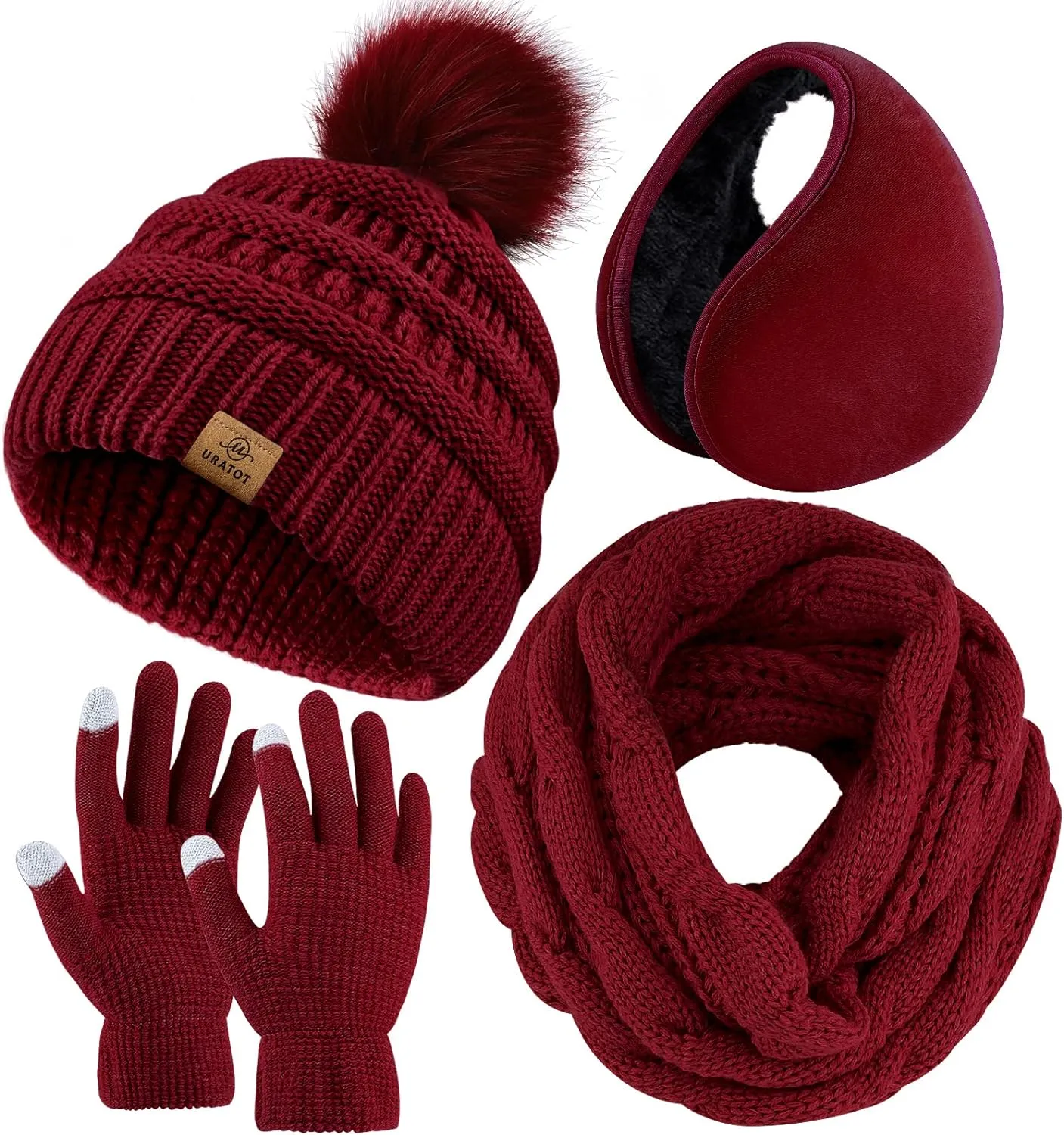 Winter Knit White Beanie Hat, Scarf, Ear Muff & Gloves Set