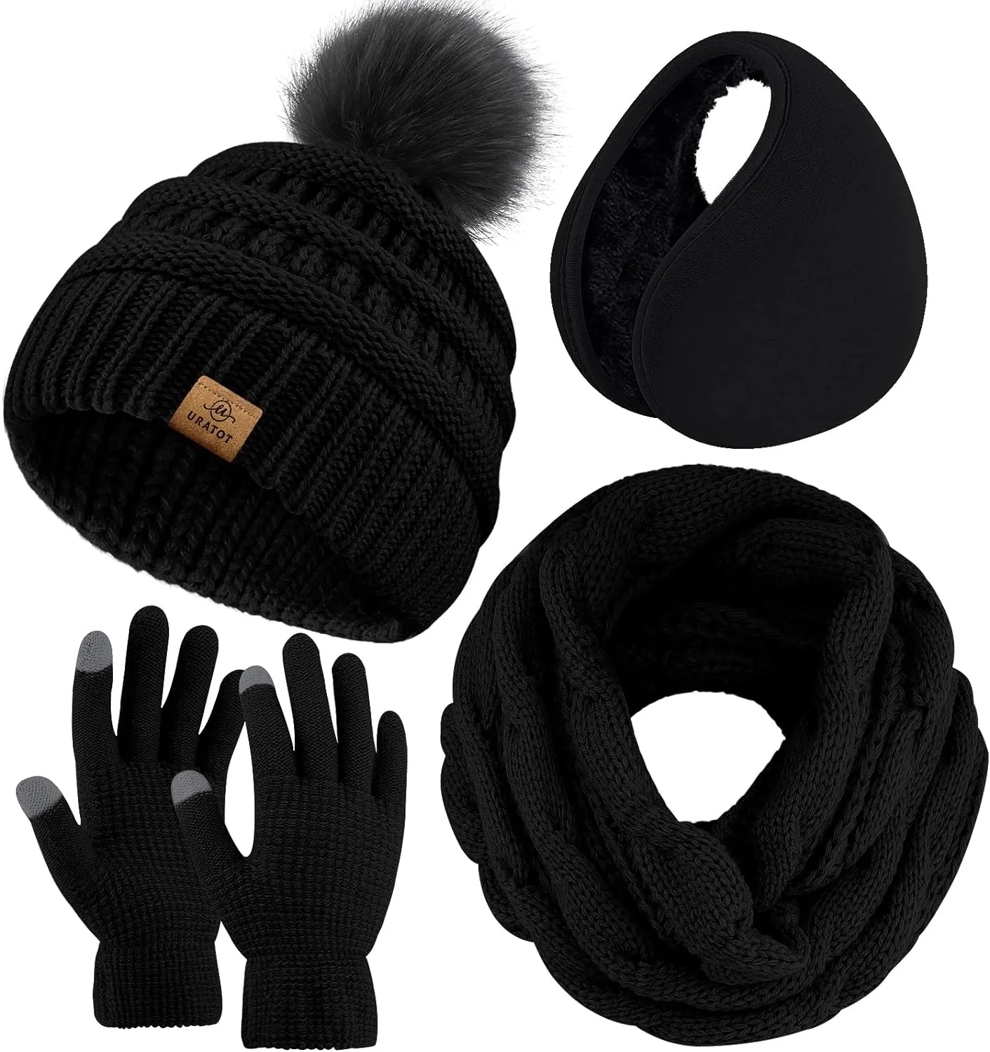 Winter Knit White Beanie Hat, Scarf, Ear Muff & Gloves Set