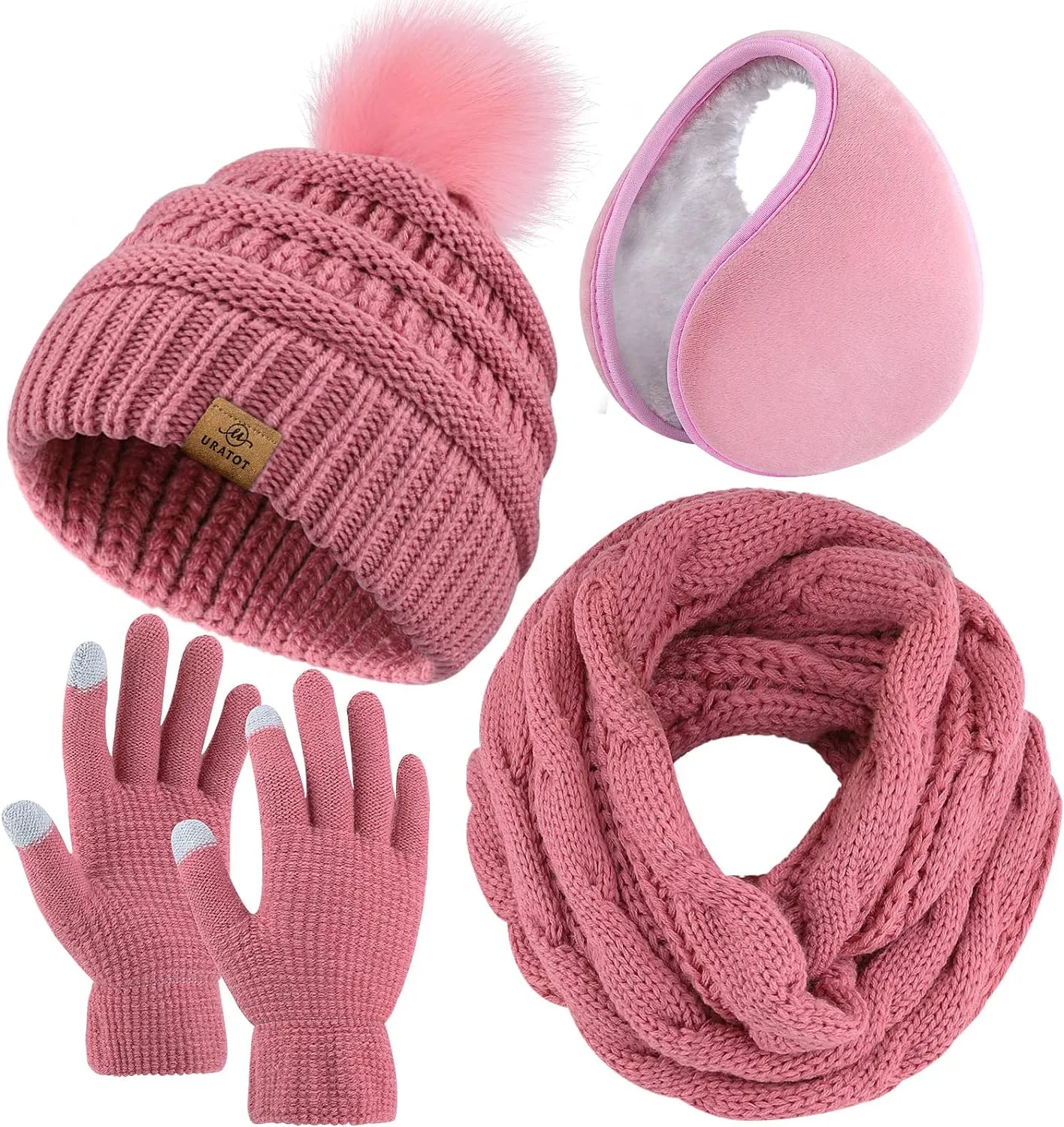 Winter Knit White Beanie Hat, Scarf, Ear Muff & Gloves Set