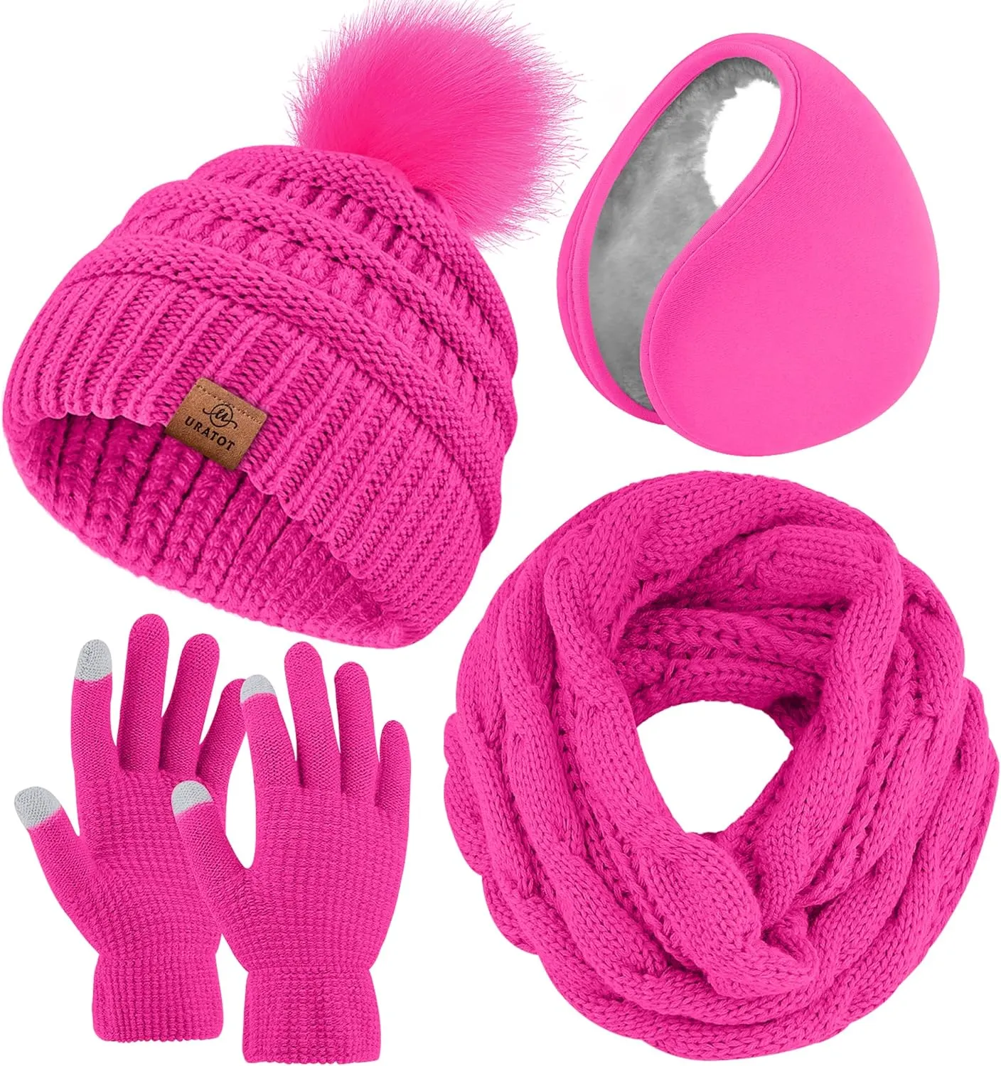 Winter Knit White Beanie Hat, Scarf, Ear Muff & Gloves Set