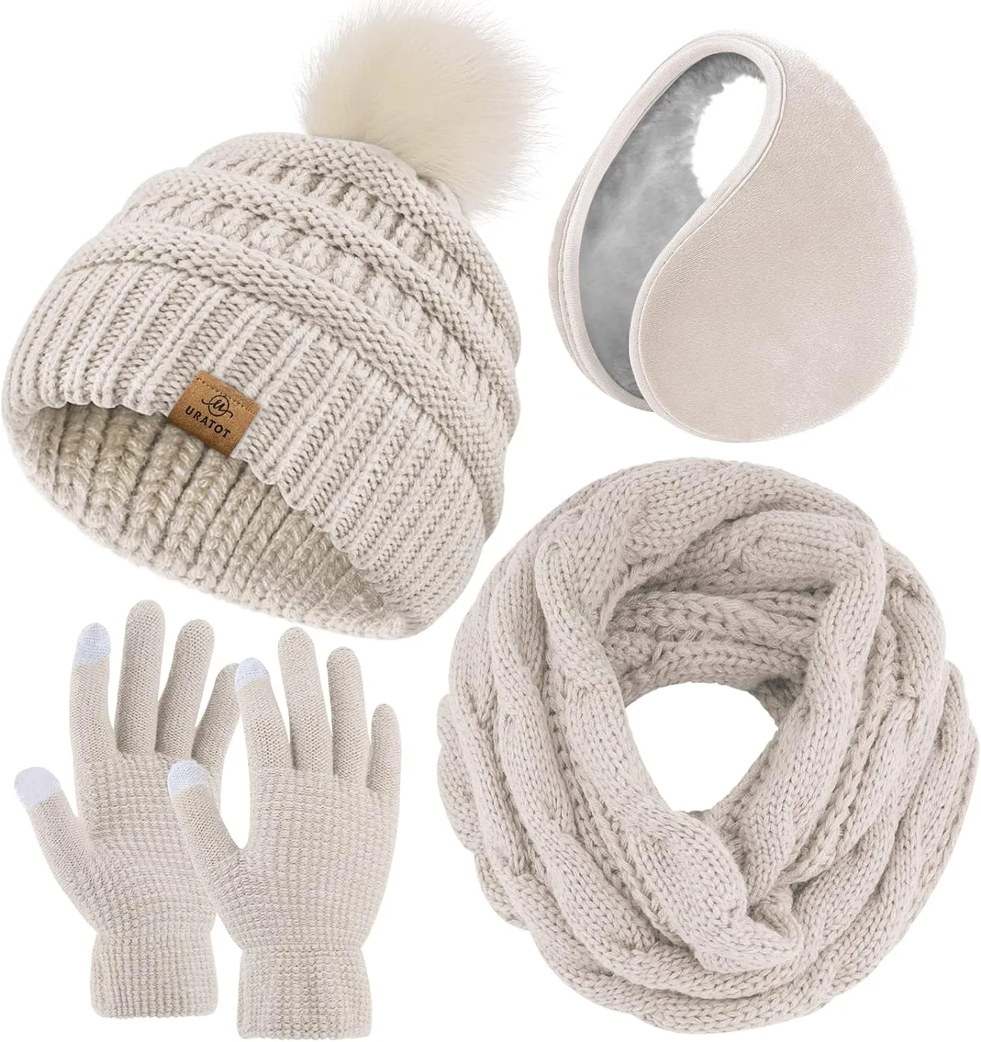 Winter Knit White Beanie Hat, Scarf, Ear Muff & Gloves Set