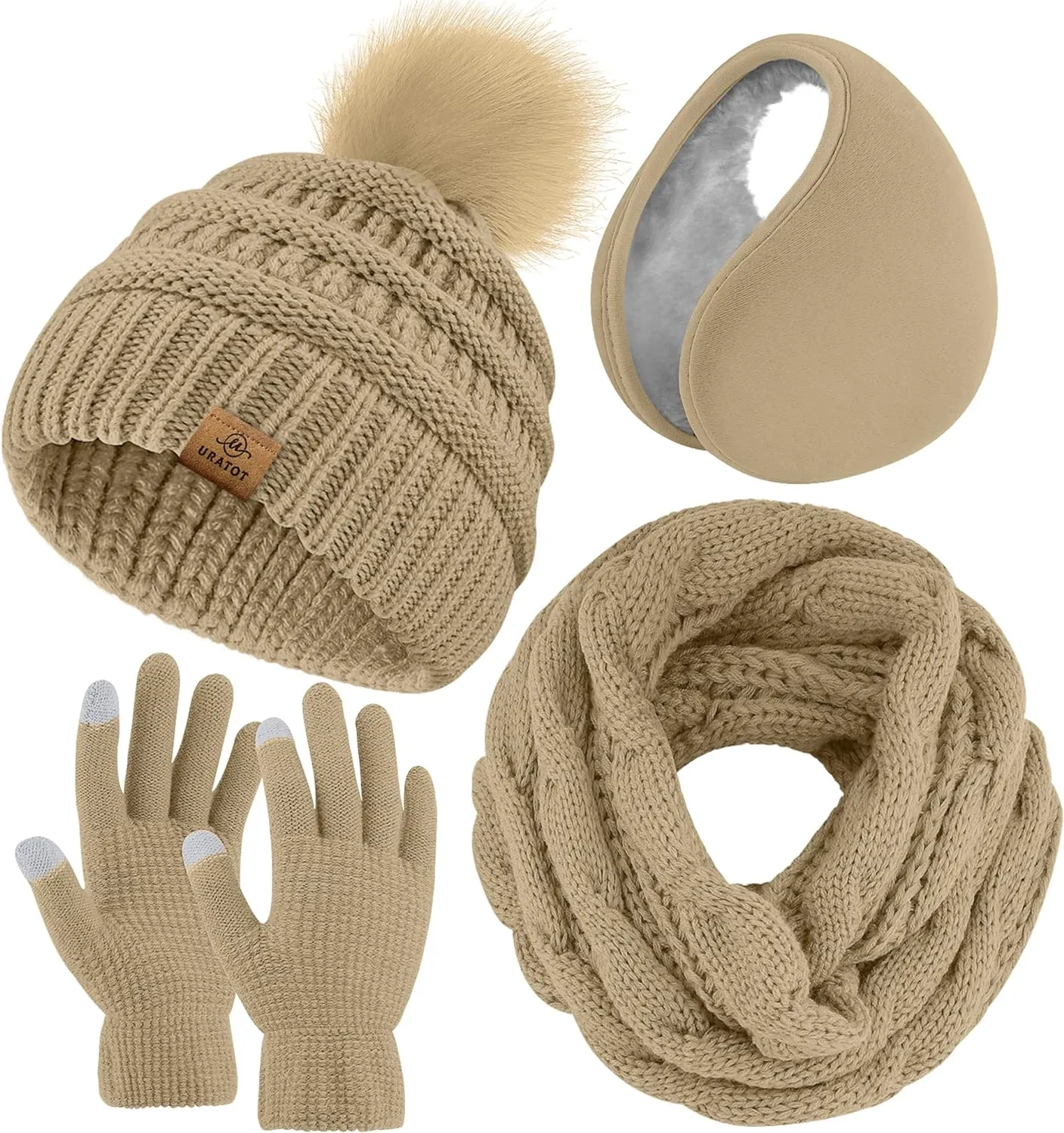 Winter Knit White Beanie Hat, Scarf, Ear Muff & Gloves Set