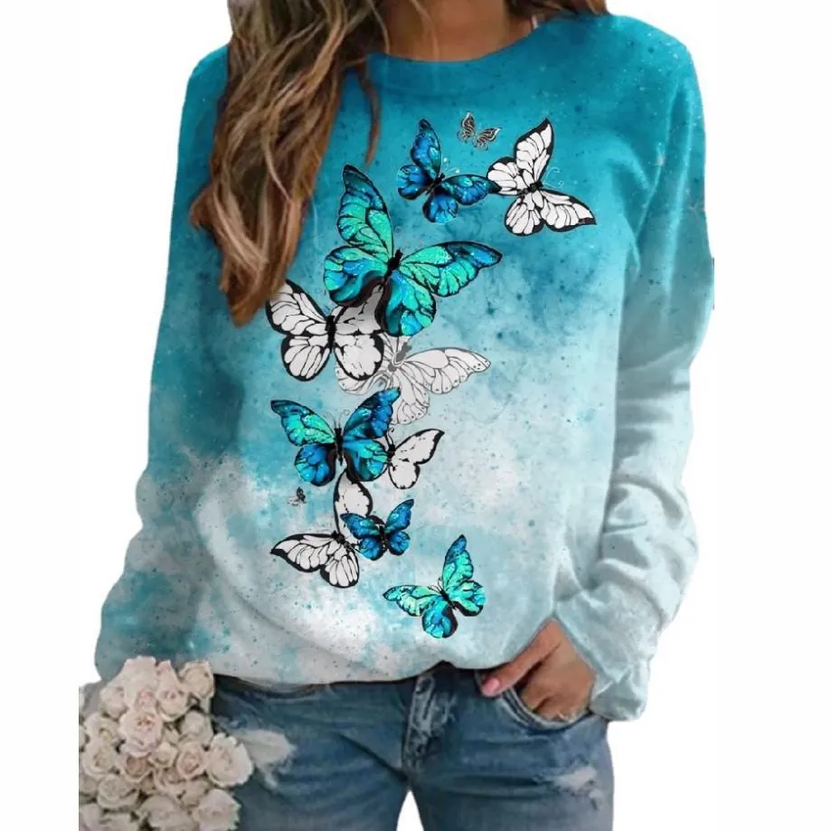 Women cute winter autumn pullover butterfly graphic crewneck sweatshirt