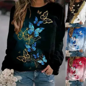 Women cute winter autumn pullover butterfly graphic crewneck sweatshirt